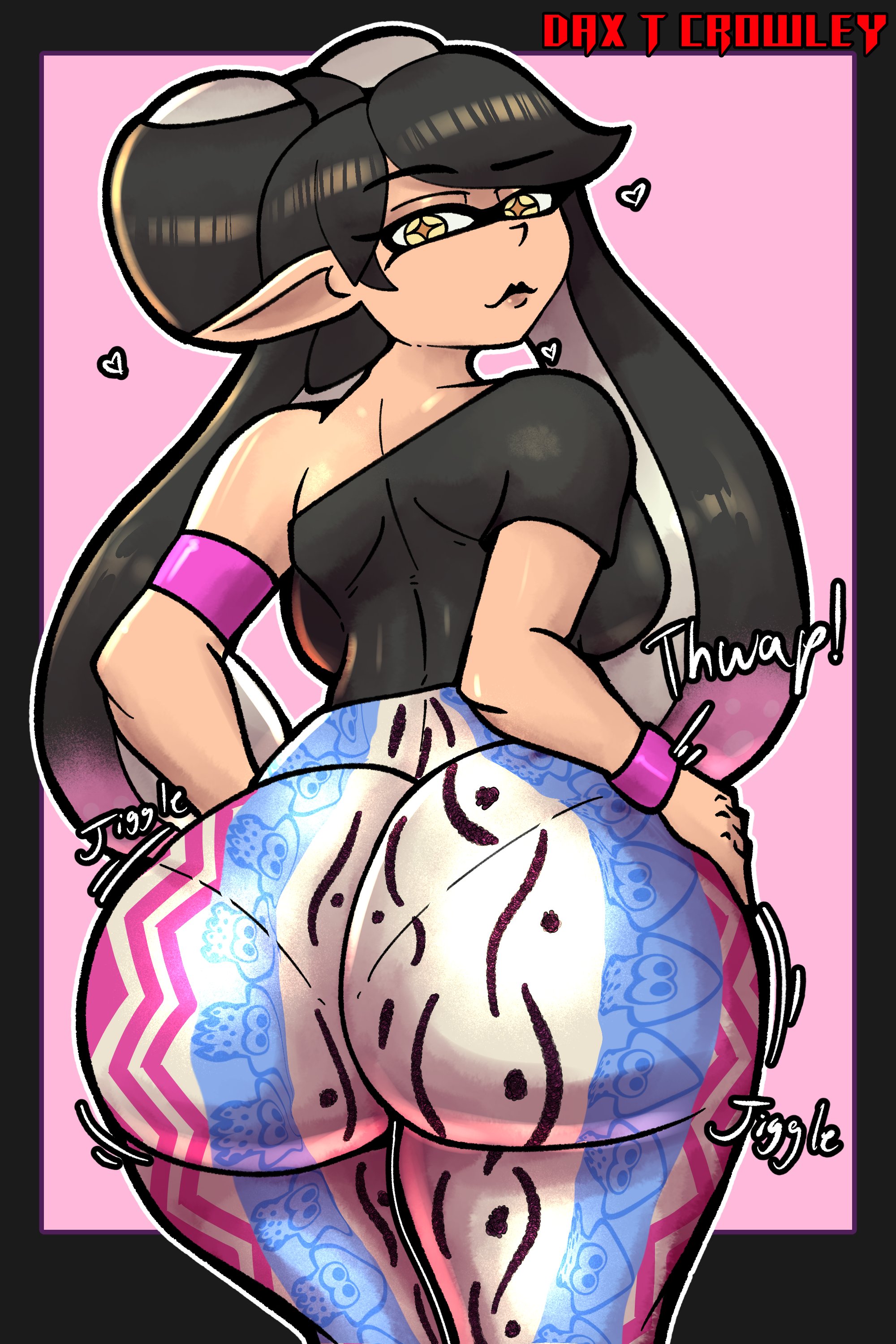 1girls, armband, armwear, ass, ass focus, ass shake, back, back view, backboob, big ass, big breasts, black hair, bottomwear, bubble ass, bubble butt, callie (splatoon), clothing, english, english text, female, female only, flare pants, forbidden pants, hair, heart, hearts, huge ass, looking back, motion lines, nintendo, onomatopoeia, pants, pointy ears, rose dax, solo, solo female, splatoon, text, thighs, topwear, twintails, underwear outline, yellow eyes
