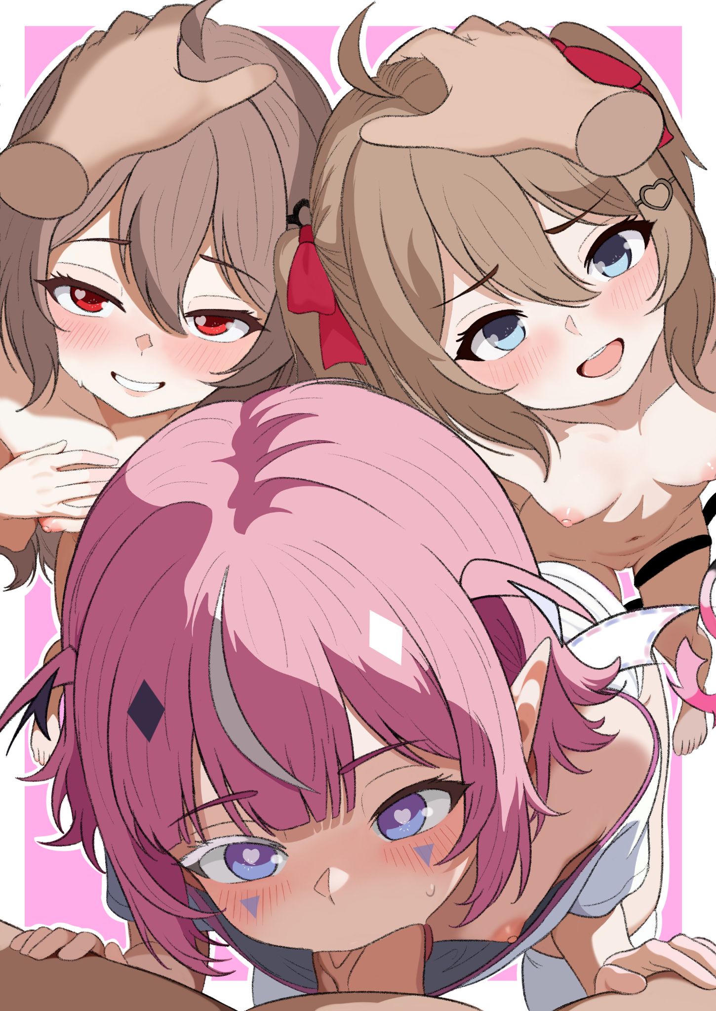 3girls, 3girls1boy, blowjob, blue eyes, blush, brown hair, camila (vtuber), evil neuro, exposed breasts, indie virtual youtuber, naked female, neuro-sama, pink hair, purple eyes, red eyes, virtual youtuber, vtuber