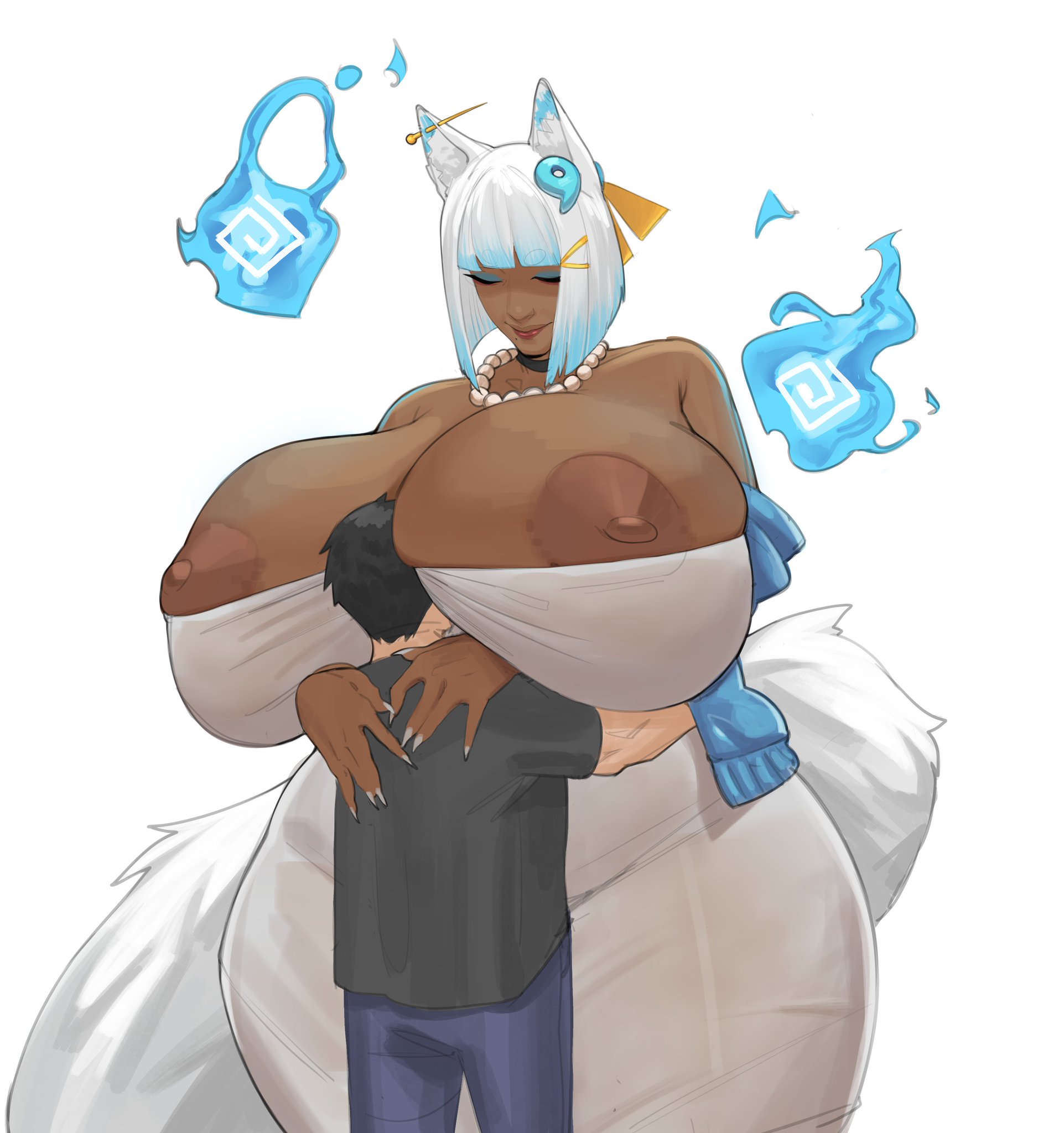 1boy, 1girls, 1girls1boy, 2d, 2d (artwork), animal ears, animal humanoid, claws, dankwoll, dark skin, dark-skinned female, dress, duo, duo focus, embrace, esunami (bakeneko), exposed areolae, exposed nipples, female, hi res, hug, huge breasts, hyper, japanese mythology, kitsune, male, male/female, mammal, mammal humanoid, mature female, mommy, multicolored hair, size difference, smaller male, tail, white clothing, wholesome