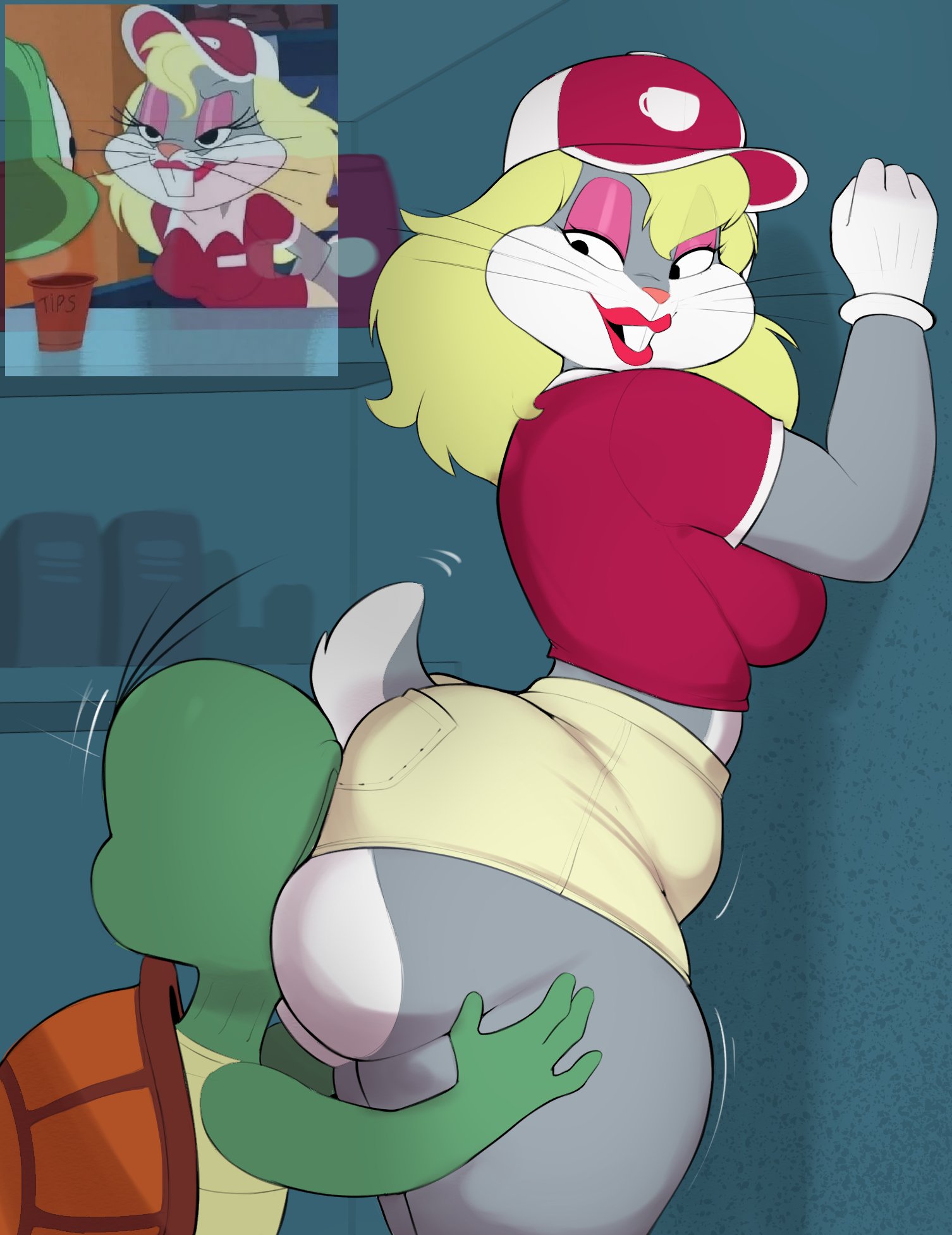 2d, 2d (artwork), 2d artwork, absurd res, anthro, becky (the looney tunes show), bugs bunny, bunny, bunny ears, bunny girl, bunny humanoid, bunny tail, cecil turtle, eating ass, face in ass, facesitting, fembugs bunny, furry, furry female, genderswap, genderswap (mtf), hi res, high resolution, highres, looney tunes, rabbit, rabbit ears, rabbit girl, rabbit humanoid, rabbit tail, rule 63, the looney tunes show, turtle, turtle shell, usnarbit