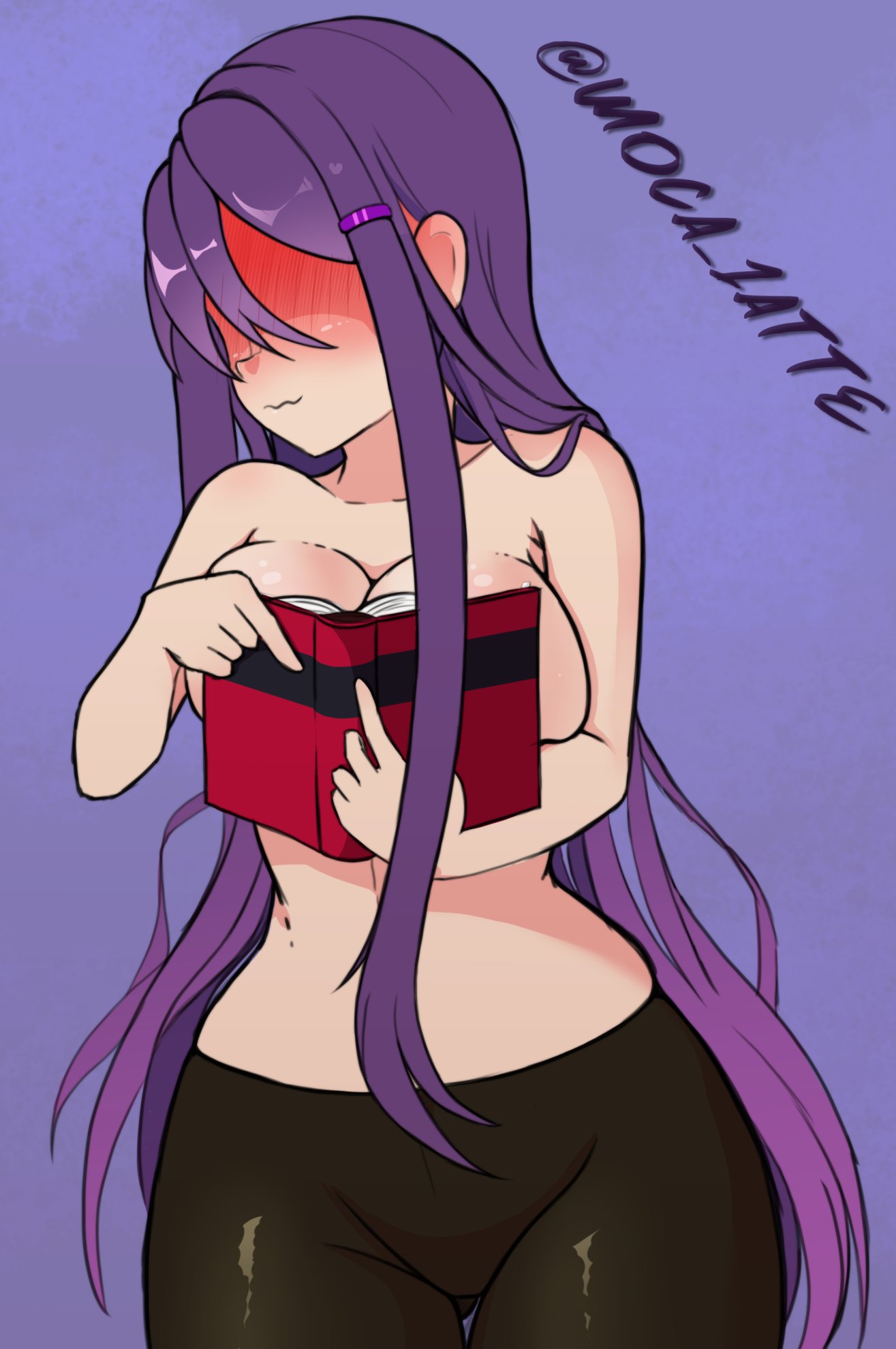 blush, blushing, covering, covering breasts, doki doki literature club, embarrassed, embarrassed nude female, enf, female, moca 1atte, naked, nude, topless, yuri (doki doki literature club)