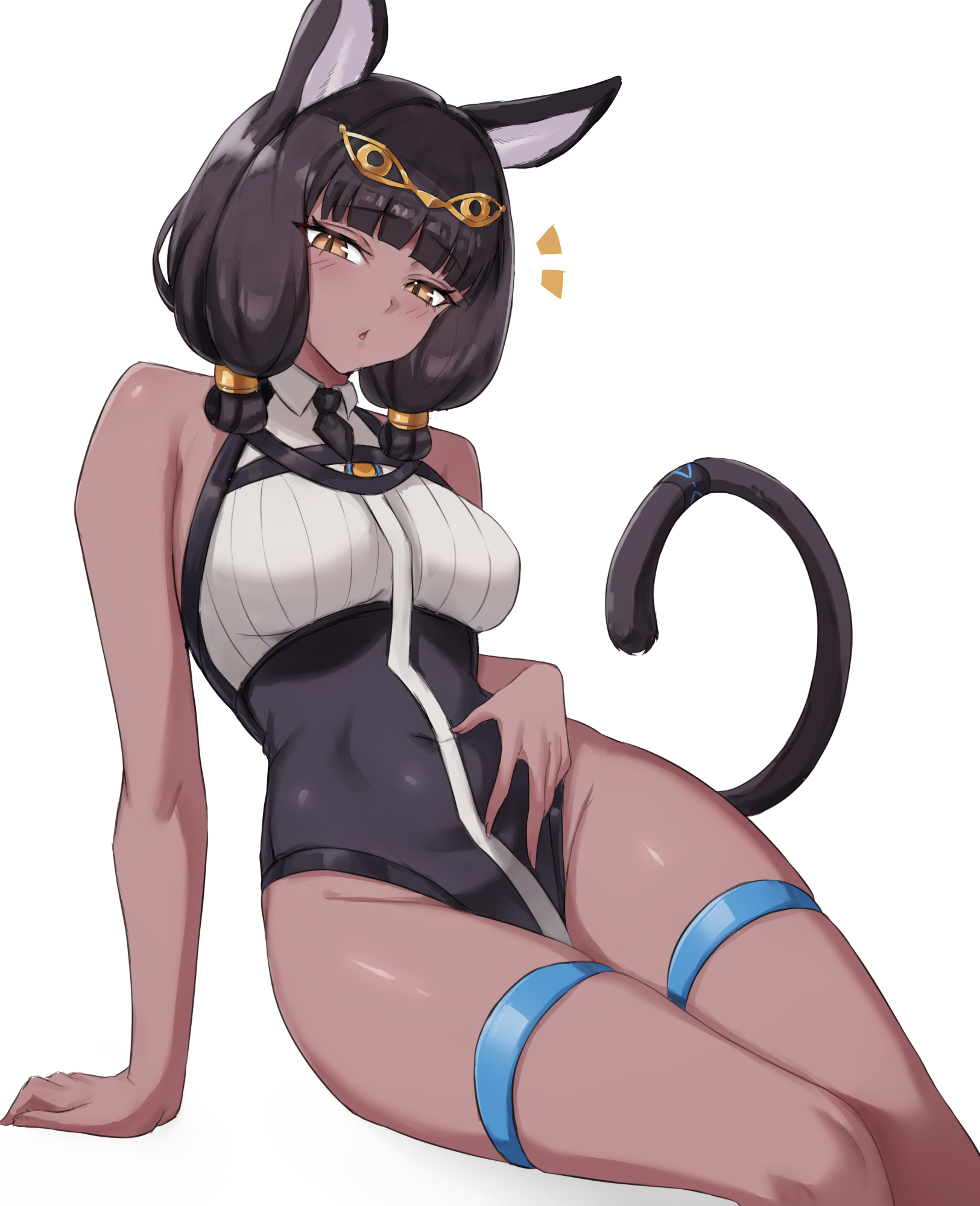 1girl, animal ears, arknights, bare shoulders, black hair, black leotard, black necktie, blunt bangs, blush, breasts, brown eyes, cat ears, cat girl, cat tail, clothing, covered navel, dark skin, dark-skinned female, egyptian, eye of horus, fangs (fangs art), female, leotard, looking at viewer, medium breasts, medium hair, necktie, parted lips, simple background, sitting, solo, tail, thigh strap, thighlet, titi (arknights), white background, yellow eyes