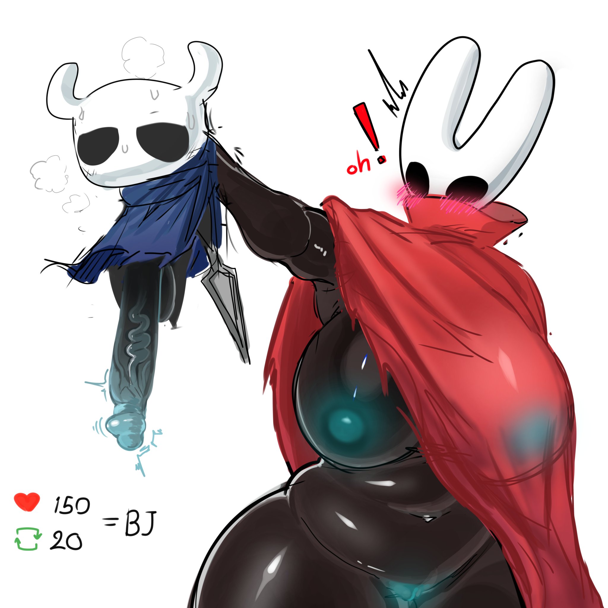 1boy, 1girls, big breasts, blush, breasts, busty, child bearing hips, chx lahm, curvy, curvy figure, enormous breasts, female, giant breasts, gigantic breasts, glowing, glowing genitalia, glowing nipples, hollow knight, hornet (hollow knight), huge breasts, large breasts, massive breasts, protagonist (hollow knight), small but hung, smaller male, sweat, sweatdrop, taller female, the knight (hollow knight), thick thighs, thighs, thunder thighs, voluptuous, voluptuous female, wide hips