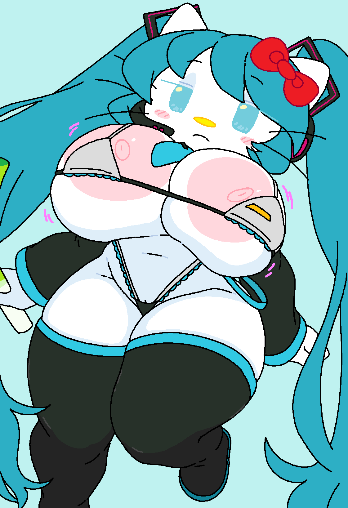 1girls, 2d (artwork), 2d artwork, anthro, anthrofied, aqua eyes, aqua hair, aqua necktie, areola, areola slip, big breasts, bikini, black footwear, black sleeves, blue eyes, blue hair, blush, blush stickers, boots, bow, breasts, cassettedream, cat girl, clothing, detached sleeves, digital media (artwork), dream-cassette, felid, feline, felis, female, food, furrification, furry, furry female, hair bow, hair ornament, hatsune miku, hatsune miku (cosplay), headset, hello kitty, hello kitty (character), hello kitty (series), highleg, holding food, holding vegetable, hoshime, huge breasts, kitty white, large areolae, leek, long hair, looking at viewer, micro bikini, necktie, nipple slip, nipples, number tattoo, panties, red bow, sanrio, sidelocks, solo, thick thighs, thigh boots, thighhighs, thong, twintails, undersized clothes, vegetable, very long hair, vocaloid, whiskers, white fur, wide hips
