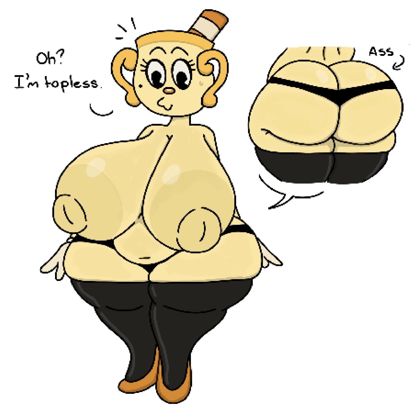 1girls, 2026, 2d, 2d (artwork), 2d artwork, areola, areolae, ass, ass cleavage, ass crack, big ass, big breasts, big nipples, black leggings, black thong, bottomwear, bottomwear halfway down, breasts, butt cleavage, butt crack, cuphead (game), cuphead: the delicious last course, dialog, dialogue, digital art, digital drawing (artwork), digital media (artwork), fat ass, female, for a head, leggings, ms. chalice, nipples, solo, studio mdhr, tagme, text, theslashfive, thong, yellow skin