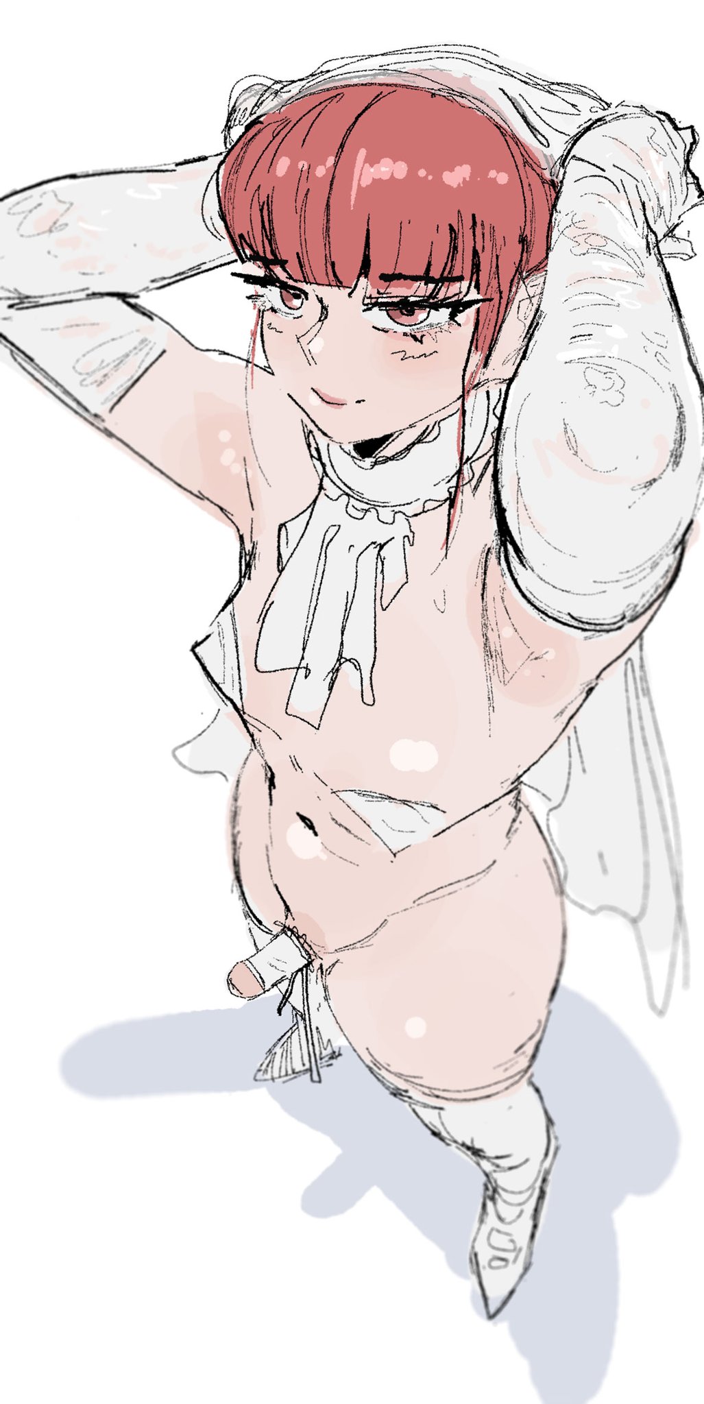 1boy, 2d, armpits, arms up, dress, femboy, feminine male, girly, looking down, male only, pizzlet, sissy, small penis, solo, wedding