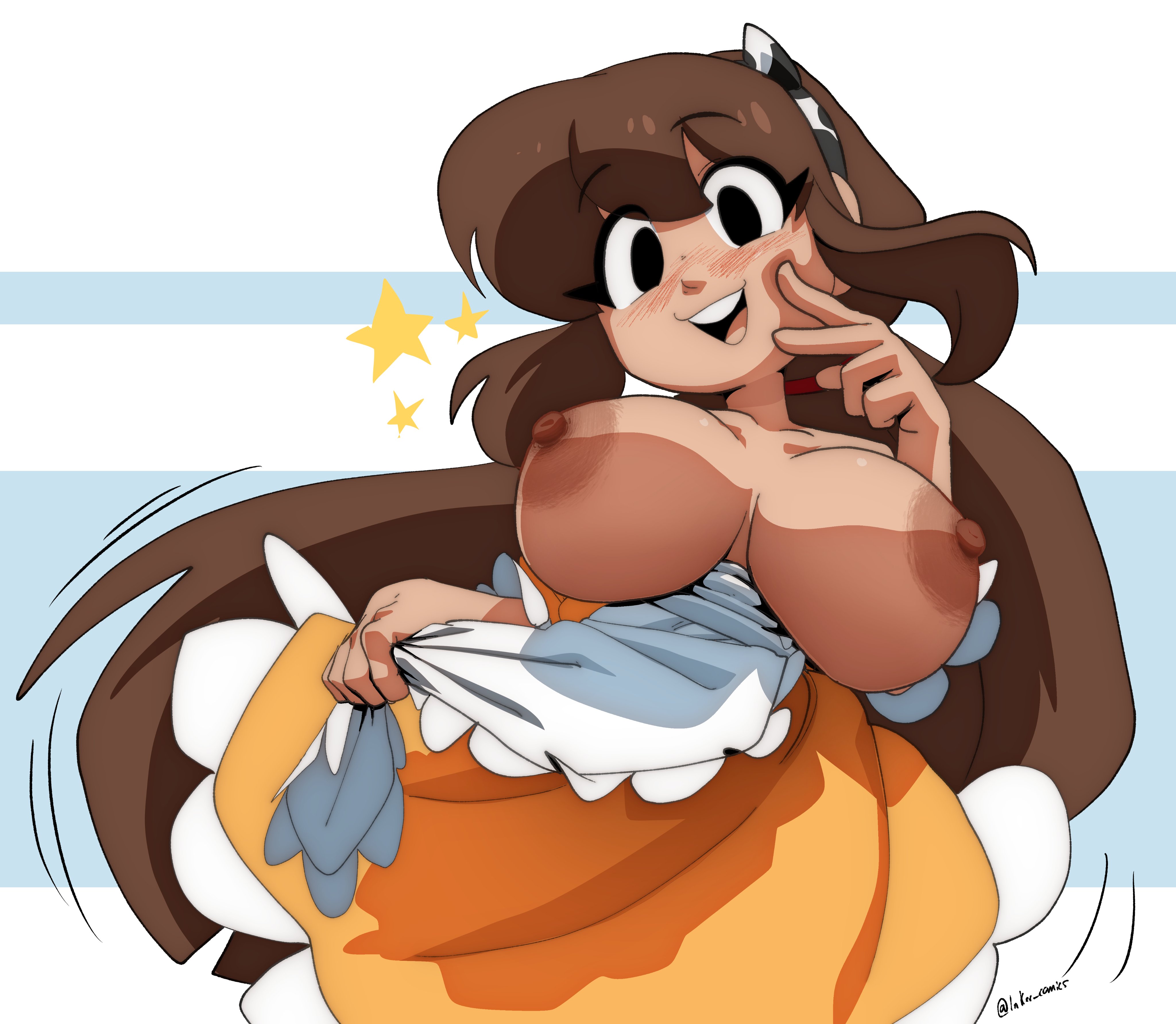 1girls, 2026, apron, artist name, big areola, big breasts, big nipples, black eyes, blue background, blush, breasts, breasts apart, breasts out, brown hair, brown nipples, clothing, coolerinker, dark areolae, dark nipples, dark skin, dress, dress pull, erect nipples, female, flashing, freckles, hairband, inker comics, inkershike, large areolae, large breasts, long hair, looking at viewer, mona (inker comics), nipples, no bra, open mouth, orange dress, ponytail, sidelocks, smile, solo, star (symbol), teeth, twintails, two-tone background, upper teeth only, v, very long hair, waist apron, white apron, yellow dress