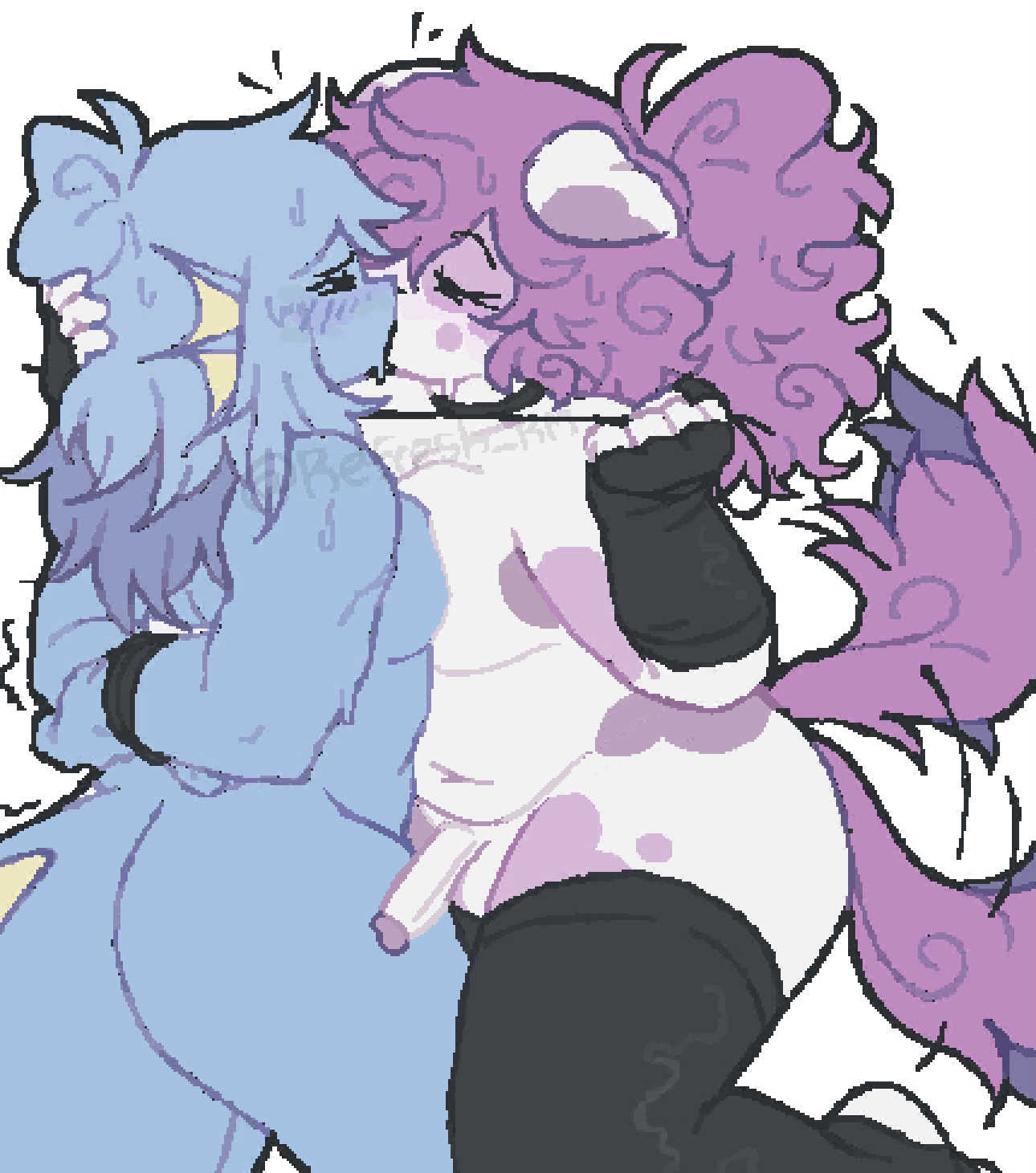 anglerfish humanoid, bemmy (refresh rm), black eyes, black wear, dog ears, dog girl, dog tail, fish, gailin (refresh rm), hands behind back, holding collar, kissing, kissing mouth, penis, pulling collar, refresh rm, transgender woman, twitter, twitter user oc, wagging tail