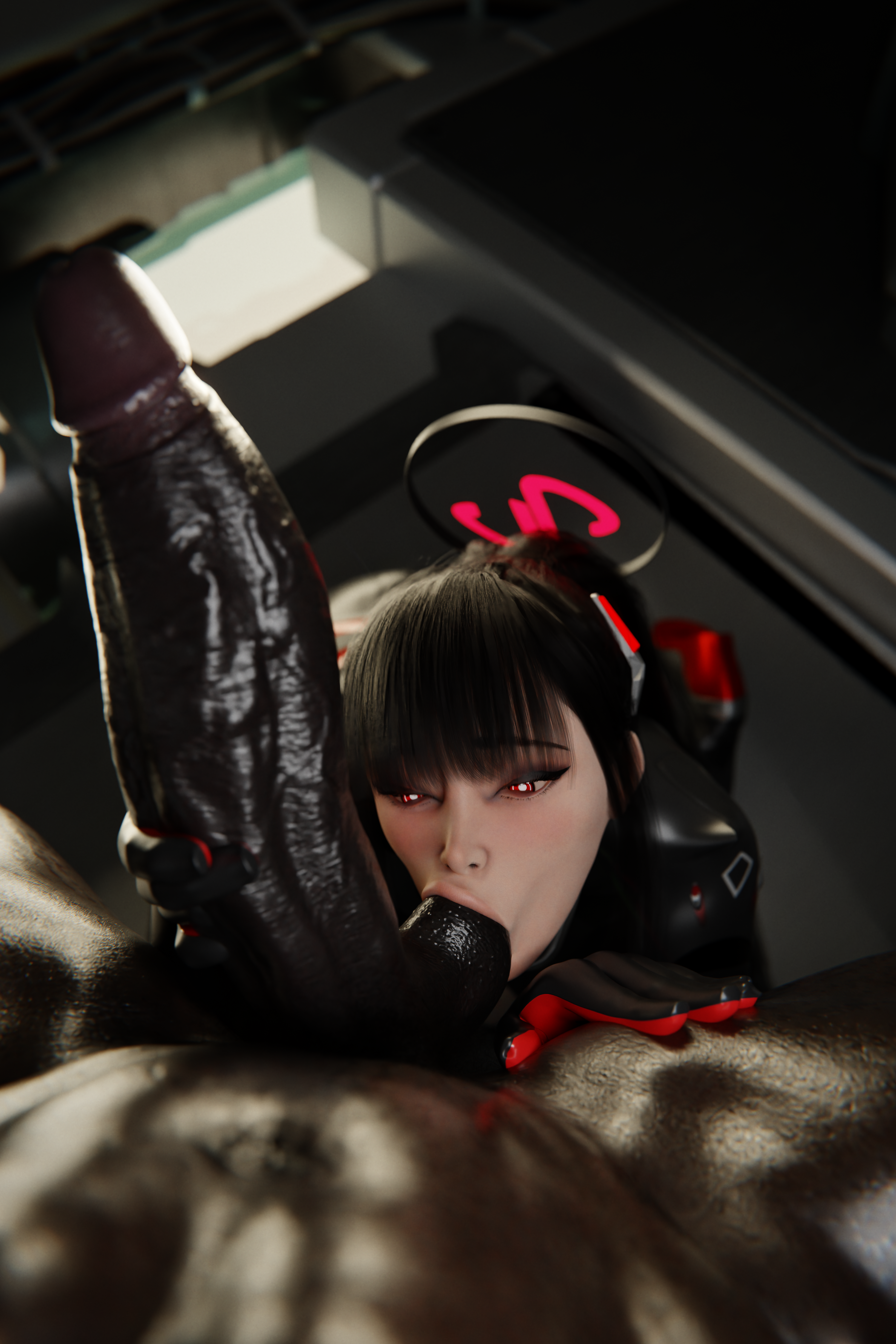 1boy, 1girls, 3d, balls sucking, big penis, black hair, blender, blue archive, dark-skinned male, image set, light-skinned female, looking at viewer, ninjin3d, pov, red eyes, rio (armed) (blue archive), rio (blue archive), sucking balls