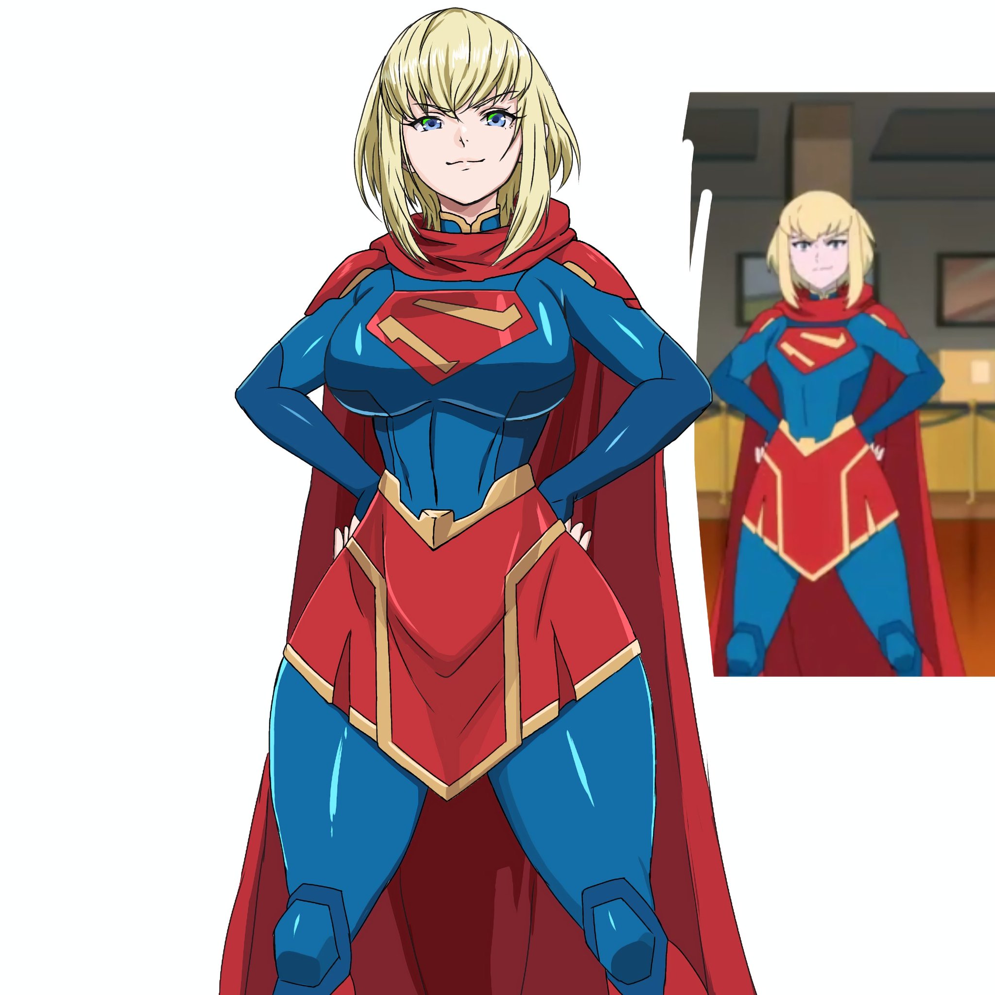 1girl, absurdres, artist name, blonde hair, blue bodysuit, blue eyes, bodysuit, breasts, cape, closed mouth, commentary, commission, dc comics, english commentary, gtxanimator, highres, large breasts, looking at viewer, my adventures with superman, photo-referenced, red cape, red skirt, short hair, simple background, skirt, smile, solo, standing, supergirl, supergirl (my adventures with superman), superhero costume, superman (series), white background