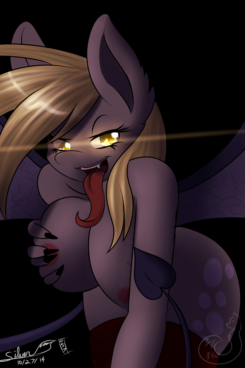 1girls 2014 animal_ears anthro areola black_background breast_fondling breast_grab breast_squeeze breasts busty cleavage cross-eyed cutie_mark demon_tail demon_wings demonic_eyes derpy_hooves derpy_hooves_(mlp) equine eyelashes fangs female friendship_is_magic furry glowing glowing_eyes grey_fur horse_ears leaning_forward long_tongue looking_at_viewer my_little_pony nipples self_fondle sharp_fingernails silverfox057 simple_background solo succubus text tongue tongue_out voluptuous