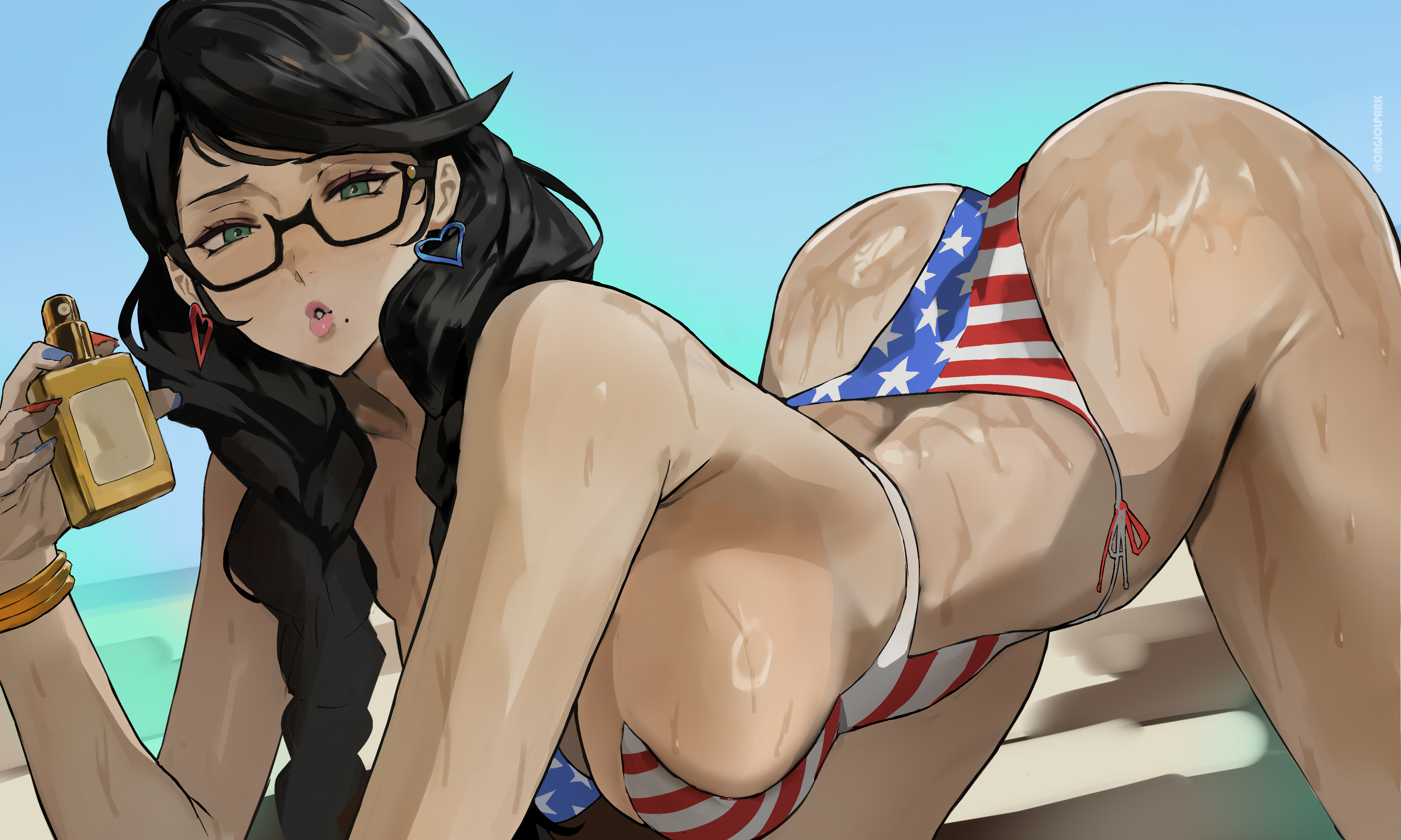 1girls, all fours, american flag bikini, ass, ass up, bayonetta, bayonetta (character), beach, beach background, big ass, big breasts, bikini, black hair, breasts, earrings, female, female only, flag bikini, glasses, green eyes, hi res, mature female, mole, mole under mouth, ongjolpark, sunscreen, sweating, sweaty, sweaty body