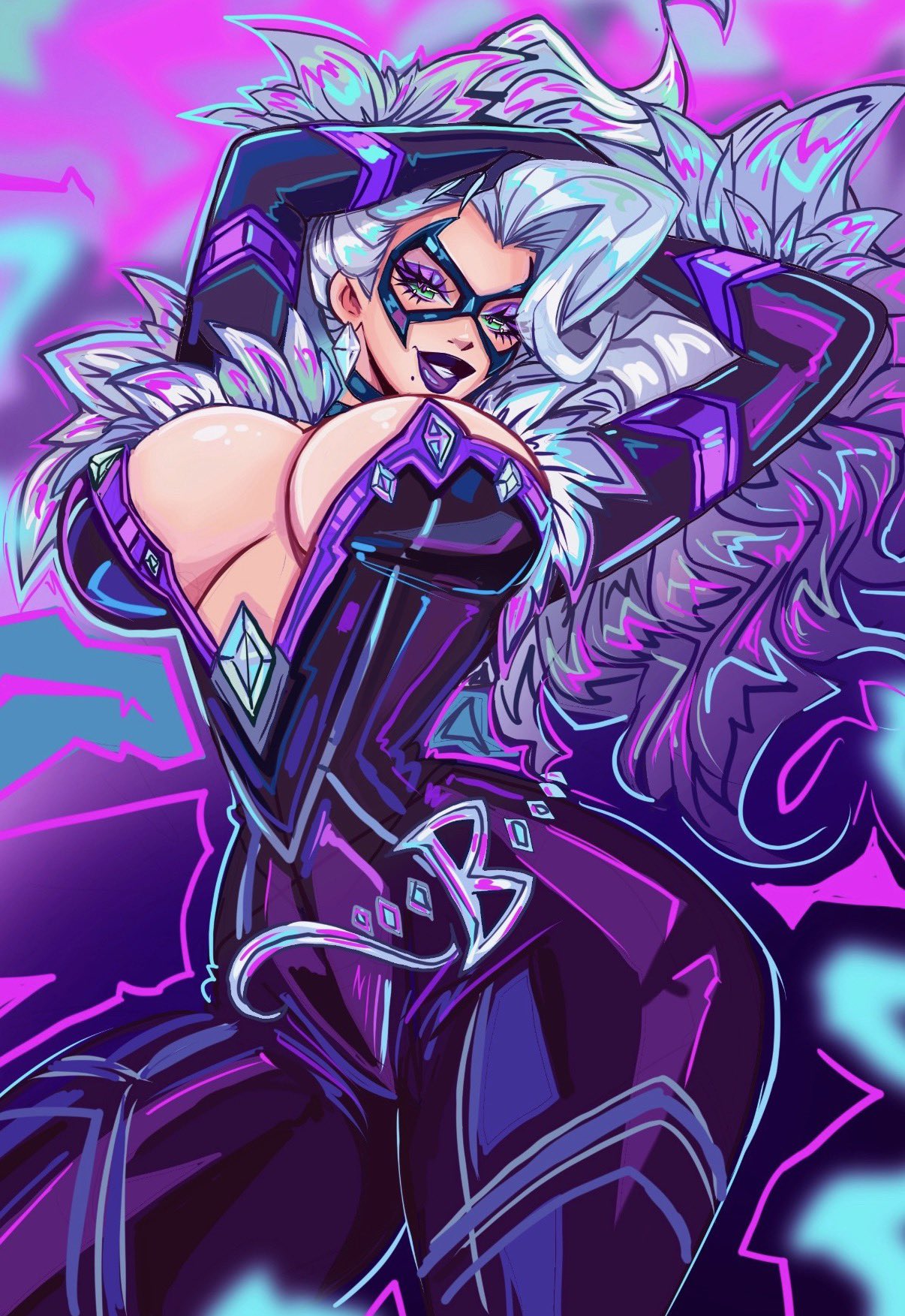 1girls, 2026, 2d, alluring, big breasts, bimbo, bimbo body, bimbo lips, bimbofication, black cat (marvel rivals), black cat (marvel), bodysuit, breasts, bursting breasts, clothed, curvaceous, curvaceous body, curvaceous female, curvaceous figure, curvaceous hips, curvy, curvy body, curvy female, curvy figure, curvy hips, domino mask, enticing, eyemask, eyeshadow, felicia hardy, female, fully clothed, green eyes, hips, huge breasts, large breasts, light skin, light-skinned female, looking at viewer, marvel, marvel comics, marvel rivals, mask, masked, masked female, massive breasts, open bodysuit, open clothes, purple lipstick, seducing, seductive, seductive look, seductive pose, shiny, shiny clothes, shiny lips, skin tight, smile, smiling, smiling at viewer, solo, spider-man (series), superheroine, teasing, teasing viewer, temptation, tempting, tempting viewer, theartofmathew, thick, thick breasts, thick hips, thick lips, thick thighs, tight clothes, tight clothing, unzipped, unzipped bodysuit, voluptuous, voluptuous female, white fur, white hair, wide hips