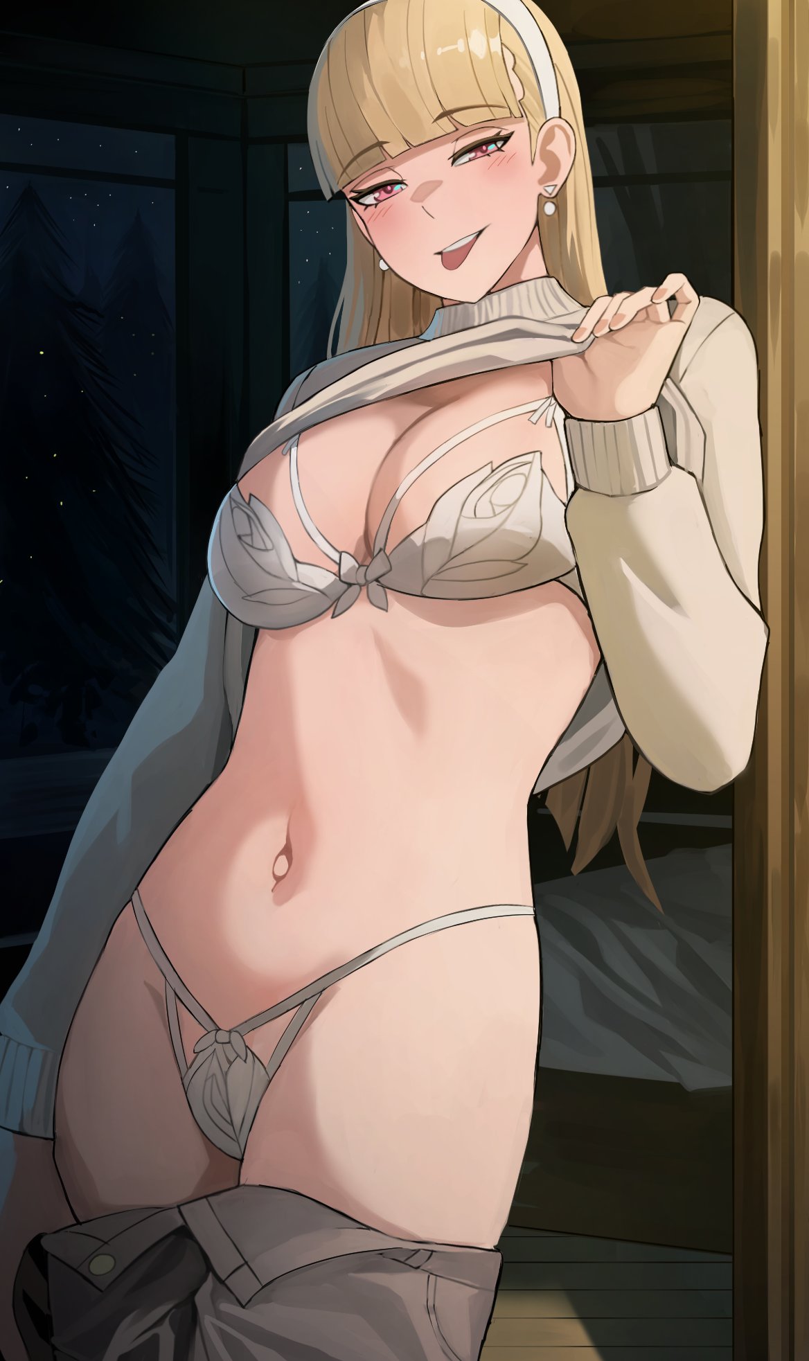 blonde female, bra, claire (jourd4n), female torso, jourd4n, lifting own clothes, oc, panties, pink eyes