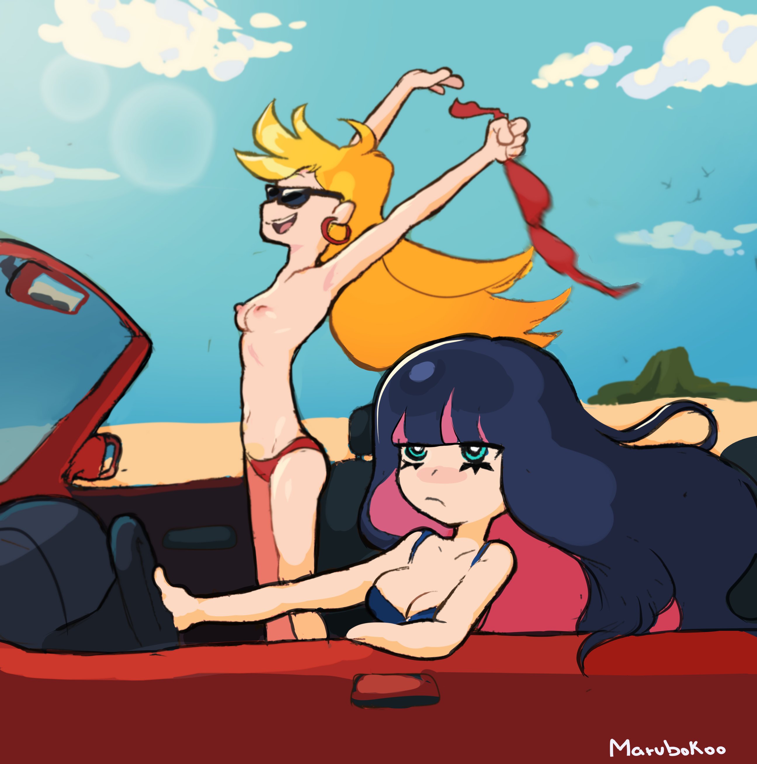 2girls, beach, bikini, breasts, casual, clothing, female, human, marubokoo, nipples, nonsexual, nonsexual nudity, pale skin, panty & stocking with garterbelt, panty anarchy, public, smile, stocking anarchy, swimwear, tagme, topfreedom, topless