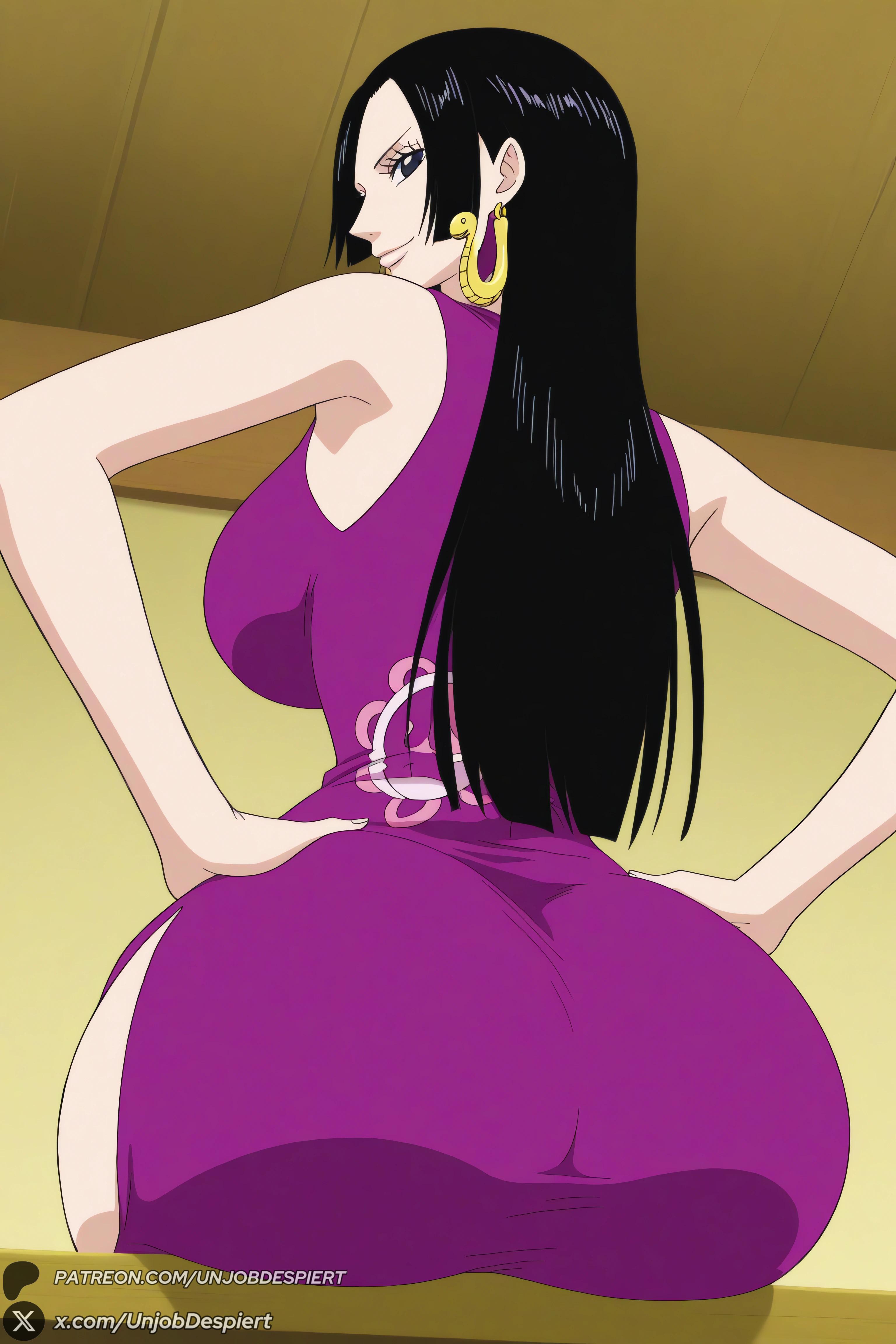1female, 1girl, 1girls, 2026, ai generated, artist name, ass, big ass, big breasts, black hair, black-haired female, blue eyes, boa hancock, breasts, curvy, dress, earrings, female, female only, from behind, hands on hips, hi res, high quality, high resolution, highres, huge ass, huge breasts, jewelry, large breasts, long hair, looking at viewer, looking back, one piece, patreon, patreon username, purple dress, sitting, smile, solo, unjobdespiert, watermark