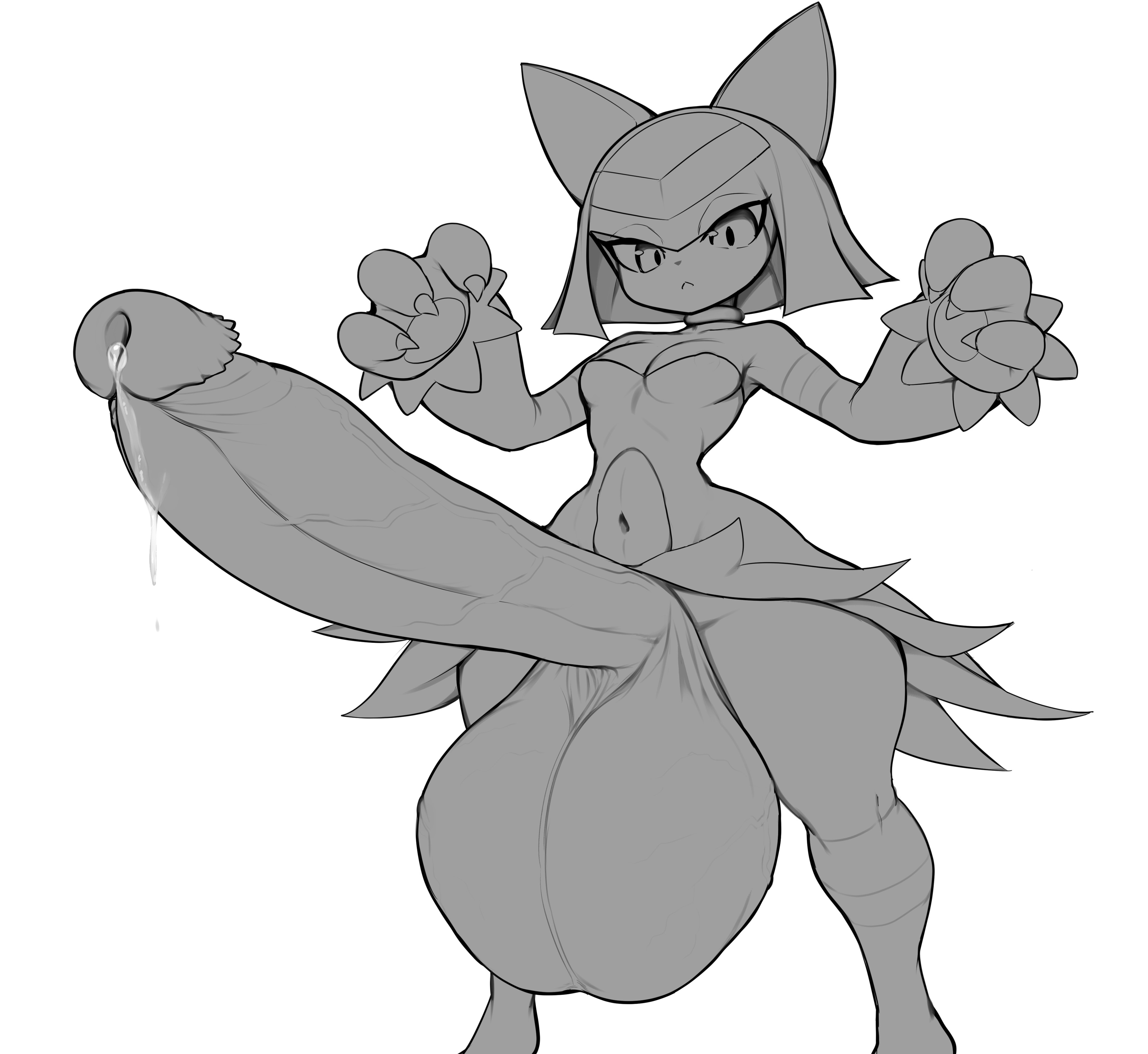 1futa, animal ears, animal hands, animal humanoid, animal penis, armband, arms up, bare shoulders, black and white, cat ears, cat girl, cat humanoid, cat paws, catgirl, choker, claws, closed mouth, erect penis, erection, expressionless, futanari, gaping urethra, genital fluids, genitals, huge balls, huge penis, huge testicles, hyper, hyper balls, hyper penis, jadf, large balls, large penis, large testicles, looking at viewer, medium hair, monochrome, navel, palworld, paws, penis, precum, precum drip, precum on penis, precum string, retracted foreskin, sekhmet (pal), simple background, simple shading, skirt, small breasts, standing, thick penis, thick thighs, urethra, veins, veiny, veiny balls, veiny penis, veiny testicles, white background, wide hips