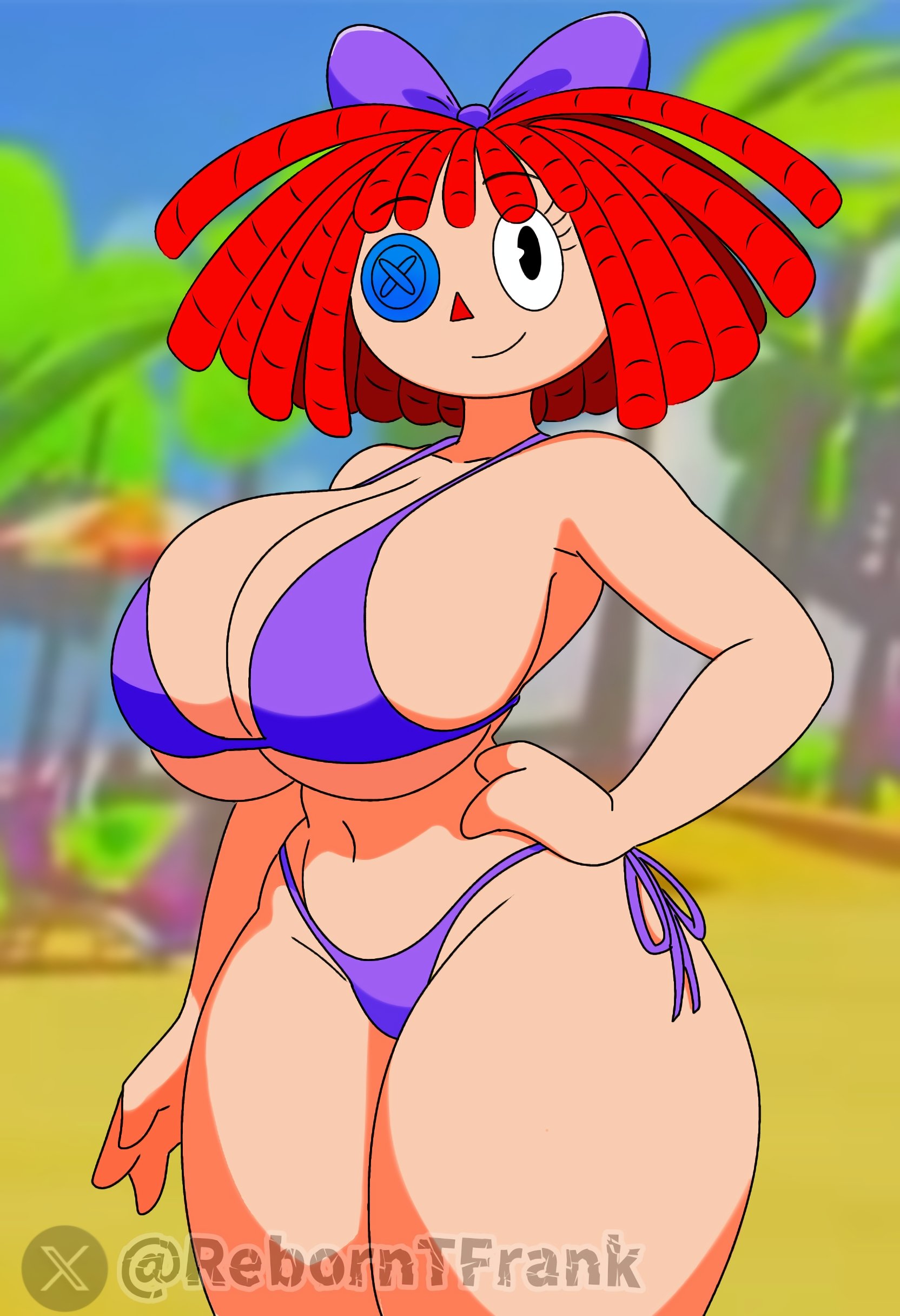 2026, 2d, 2d (artwork), 2d artwork, beach, beach background, big breasts, blue bikini, doll, female, female only, light-skinned female, ragatha (the amazing digital circus), reborntfrank, red hair, solo, the amazing digital circus, thick thighs