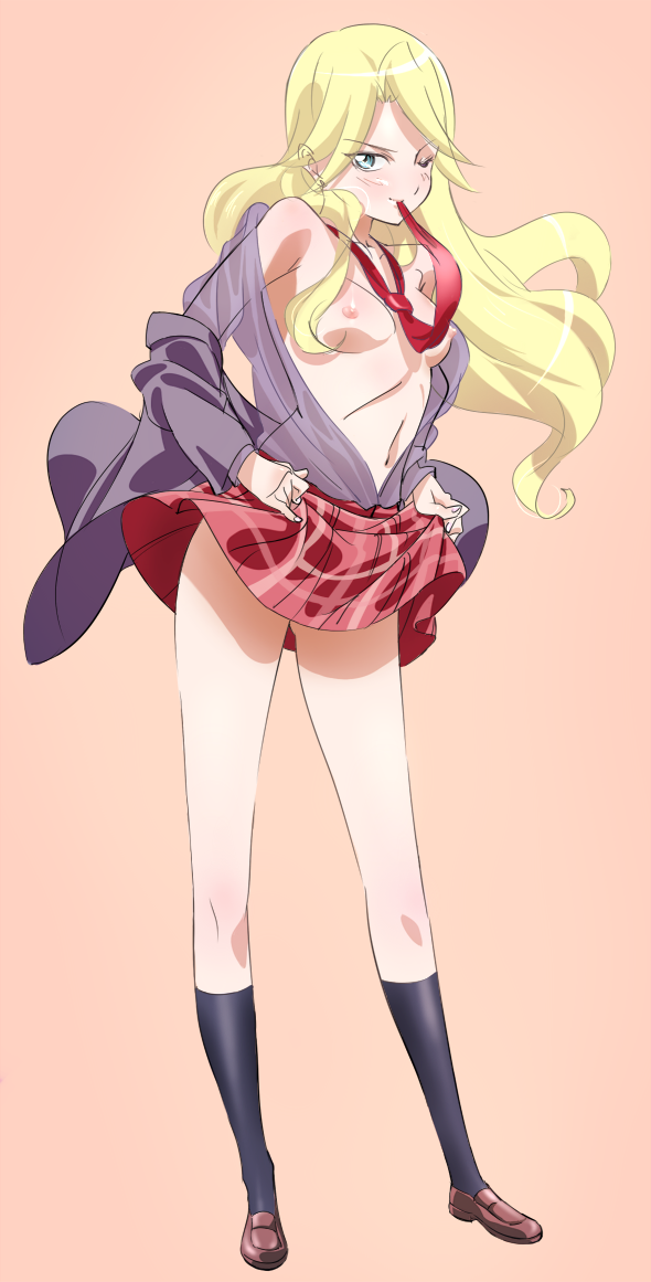 blonde_hair blue_eyes kimura_kaere mouth_hold necktie p.k. sayonara_zetsubou_sensei school_uniform serafuku skirt skirt_lift topless undressing wink