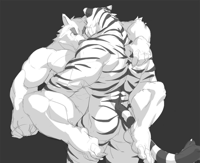 2017 abs anthro biceps big_muscles canine feline fur kemono male mammal muscular muscular_male pecs rollingstoneeeeee simple_background stripes tiger white_fur white_tiger wolf yaoi