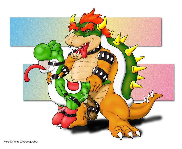 2boys anal anal_sex animal_penis anthro artist_name ball_separator ball_stretcher balls ballsack bara barbed_balls barbed_penis beige_countershading bound bowser claws closed_eyes cock_ring color cum cybergecko erection furry gay gay_sex green_head green_shell green_skin horns insertion interspecies koopa long_tongue male male/male male_only mario_(series) masculine mature_male nintendo nude_male ochre_skin orange_hair penis penis_in_anus red_eyes scrotum sex shell side_view size_difference smooth_penis spiky_shell standing tail testicles tongue tongue_out toony white_countershading yaoi yoshi