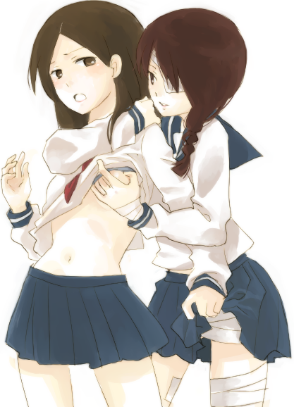 bandage bandages bangs breast_grab breasts female kitsu_chiri kobushi_abiru multiple_girls parted_bangs sayonara_zetsubou_sensei school_uniform serafuku shirt_lift yuri