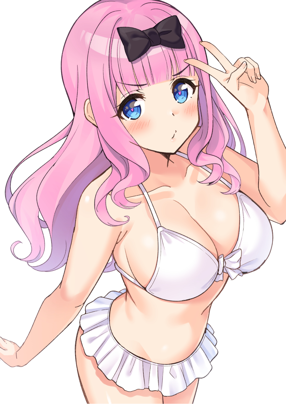 1girls arm_up arms bangs belly belly_button big_breasts bikini black_bow blue_eyes busty curvy curvy_body curvy_female curvy_figure curvy_hips eyebrows_visible_through_hair female_focus female_only frilled_skirt fujiwara_chika full_body hair_ornament heart-shaped_pupils kaguya-sama_wa_kokurasetai_~tensai-tachi_no_renai_zunousen~ labia large_breasts long_hair looking_at_viewer midriff miniskirt neckbone peace_sign pink_hair pouting_at_viewer pouty_lips ribbon shoulders simple_background smooth_skin solo straps super_nagoyaka teenager thighs white_background white_swimsuit white_swimwear