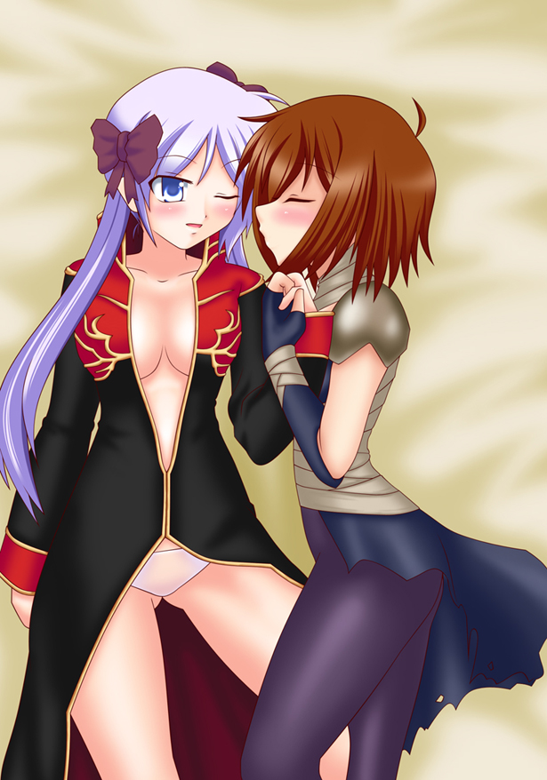 2girls assassin assassin_(ragnarok_online) blue_eyes blush brown_hair closed_eyes female female_only kissing multiple_girls no_bra panties priest priest_(ragnarok_online) purple_hair ragnarok_online