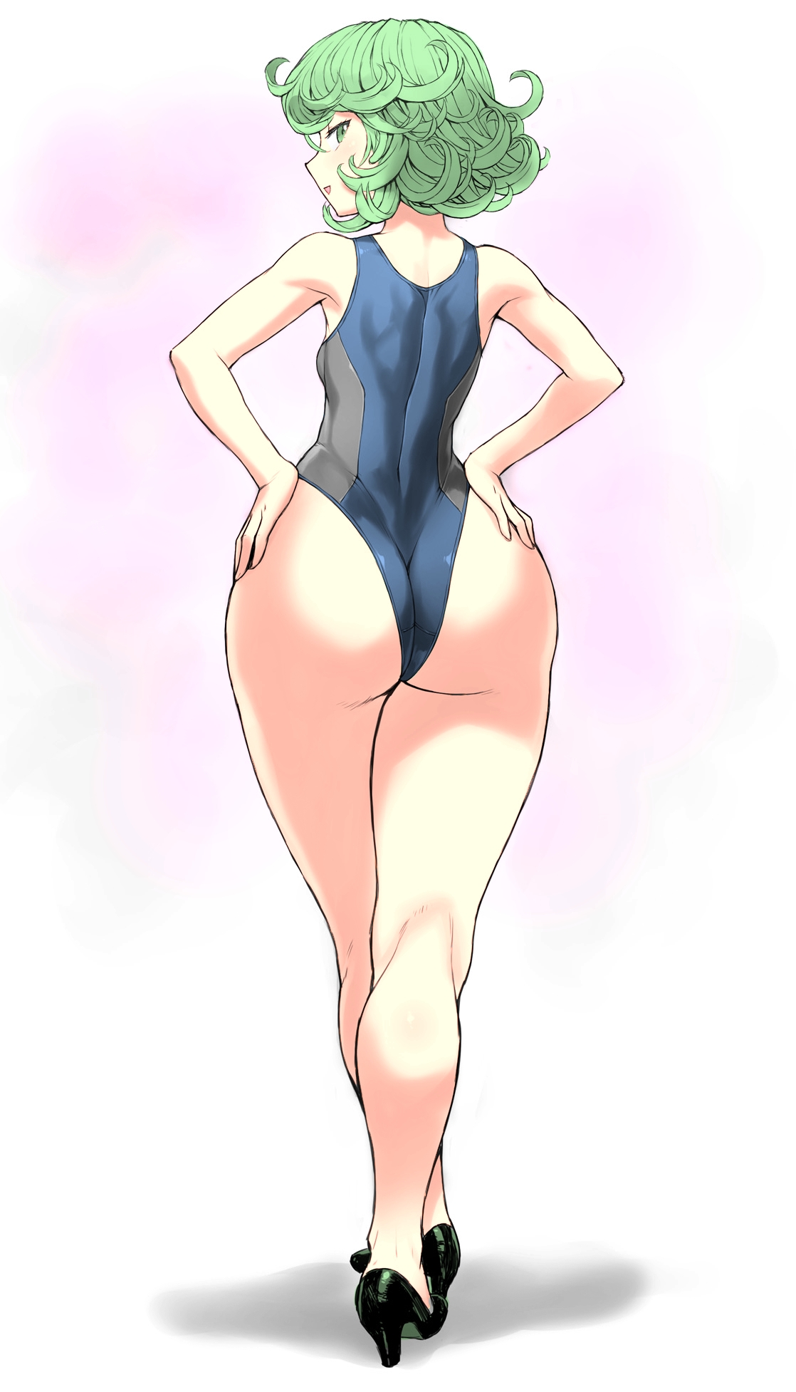 1girls, ass, ass focus, back view, female, green eyes, green hair, hands on hips, heels, huge ass, large ass, legs, mogudan, one-piece swimsuit, one-punch man, pintor pajin, swimsuit, tatsumaki, wide hips