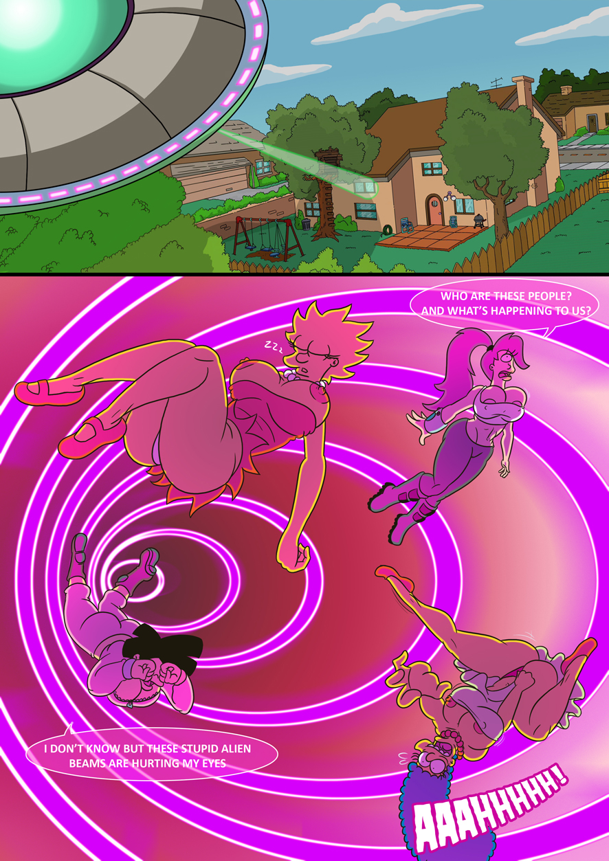 20th century studios, accurate art style, aged up, alien, alternate breast size, amy wong, breasts, comic, dialog, english text, female, full color, futurama, human, kidnapping, kogeikun, large breasts, lisa simpson, marge simpson, mother and daughter, multiple females, text, the simpsons, the simpsons into the multiverse #1, turanga leela, yellow body, yellow skin