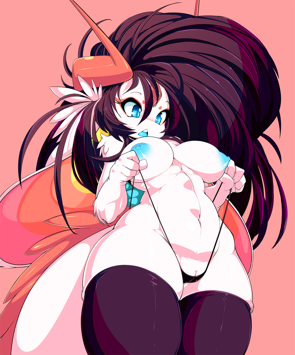 1girls, anthro, areola, ashiji (character), blue eyes, breasts, brown hair, cameltoe, curvy, female, female only, from below, furry, highres, horns, large breasts, latex, looking down, navel, nipples, original, panty pull, pussy, slugbox, solo, surprised, thick thighs, thighhighs, thong, topless, two-tone hair, very long hair, wide hips