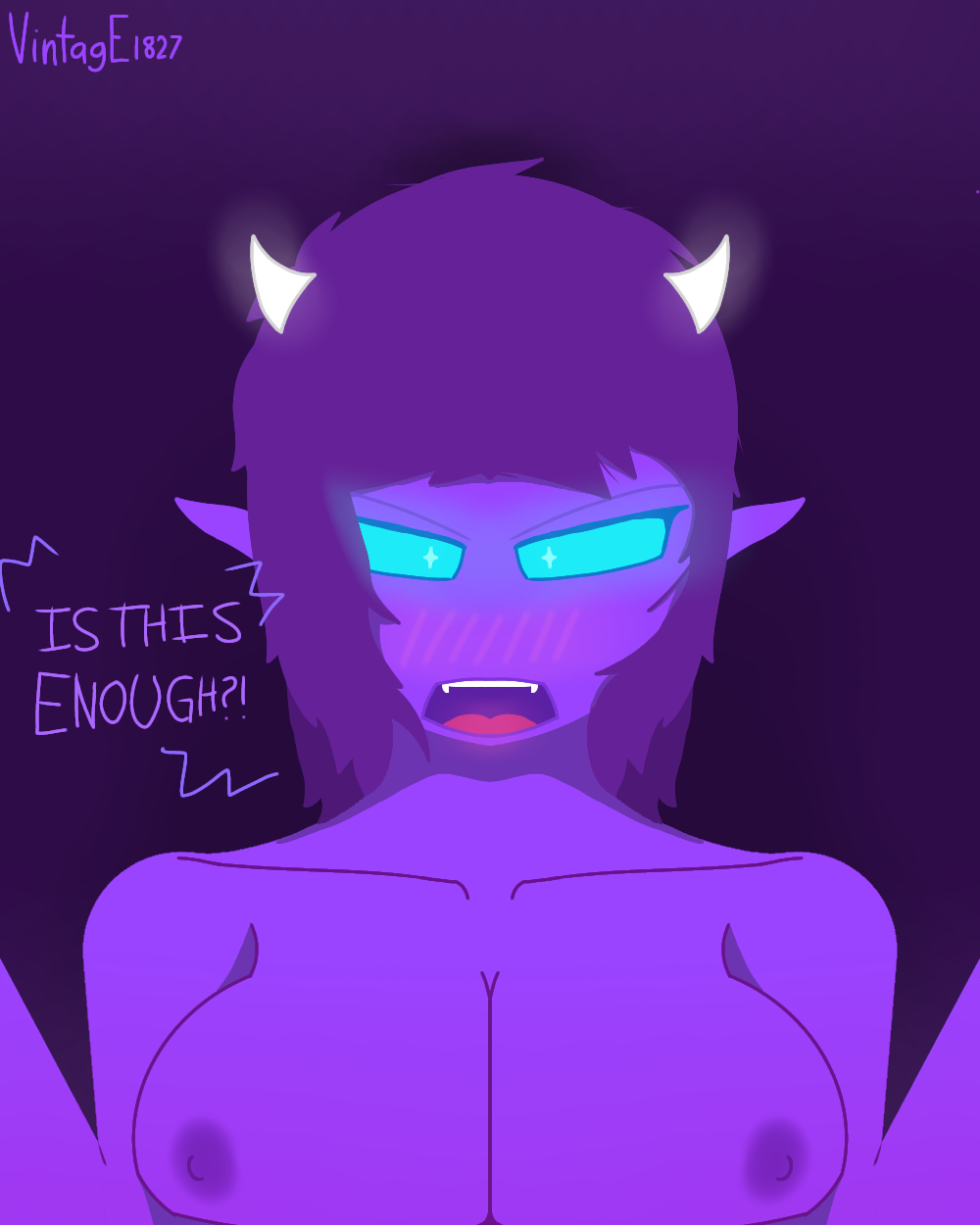 angry angry_face blue_eyes blush blush blush_lines breasts breasts demon demon_girl demon_horns dialogue easy_demon geometry_dash glowing_eyes purple_skin star_eyes vintage1827