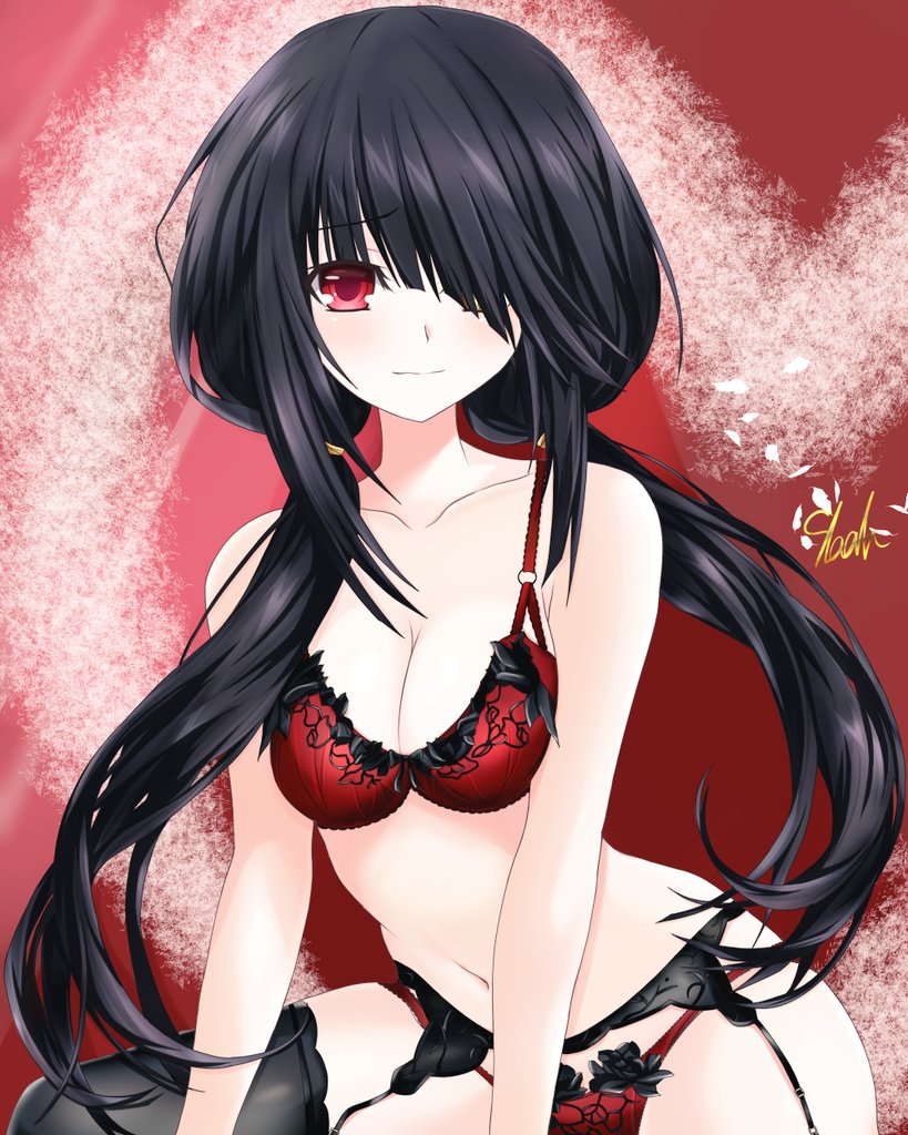 2d 2d_(artwork) ass big_ass black_hair breasts cleavage date_a_live female female_only heterochromia light-skinned_female lingerie red_eyes solo solo_female thighs tokisaki_kurumi twintails