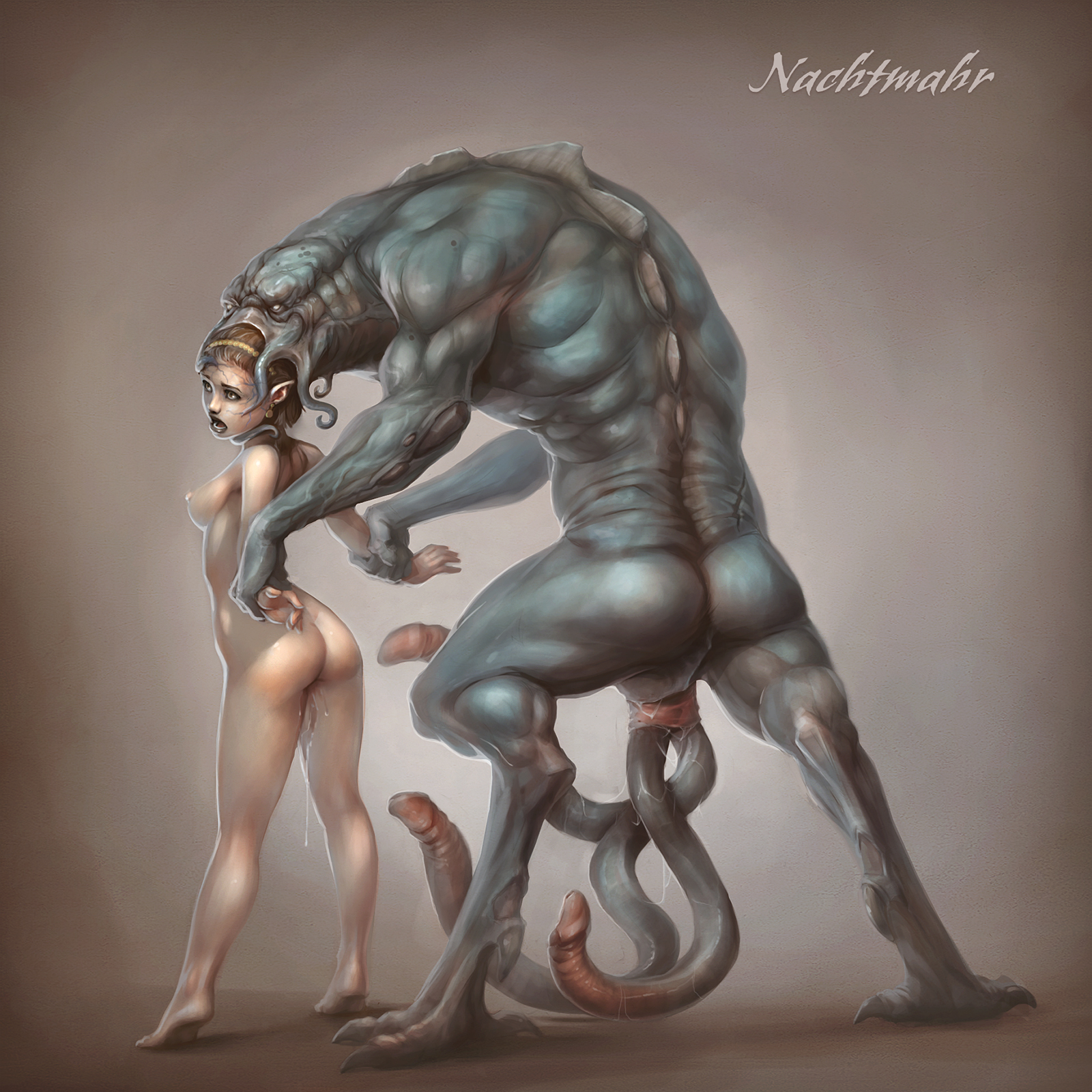 arched back, ass, barefoot, blue skin, breasts, brown hair, dungeons and dragons, earrings, elf, elf ears, elf female, elf girl, excessive pussy juice, fae, feet, female, femsub, fey, from behind, from behind position, hair ornament, hairband, illithid, imminent penetration, imminent rape, large nipples, larger male, male, maledom, mind control, mind flayer, monster, multiple penises, muscles, nachtmahr, nipples, no balls, no irises, nude, open mouth, pale skin, penis, perky breasts, pointed ears, pointy ears, pussy, pussy juice, pussy juice drip, restrained, rolling eyes, scar, sheath, short hair, size difference, small breasts, smaller female, standing, standing sex, tentacles, tiptoes, white sclera, wide eyed, wrist grab