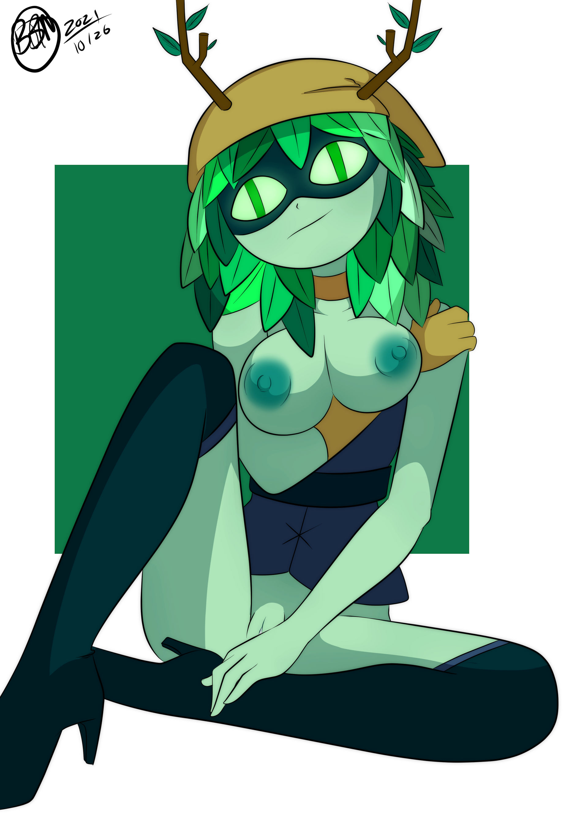1girls, adventure time, antlers, boots, breasts, bunbunmuffinart, curvaceous, curvy, curvy body, curvy female, female, fit, fit female, green eyes, green hair, green nipples, green skin, huntress, huntress wizard, leaf hair, lean body, lean figure, medium breasts, nipples, solo, tomboy, wizard