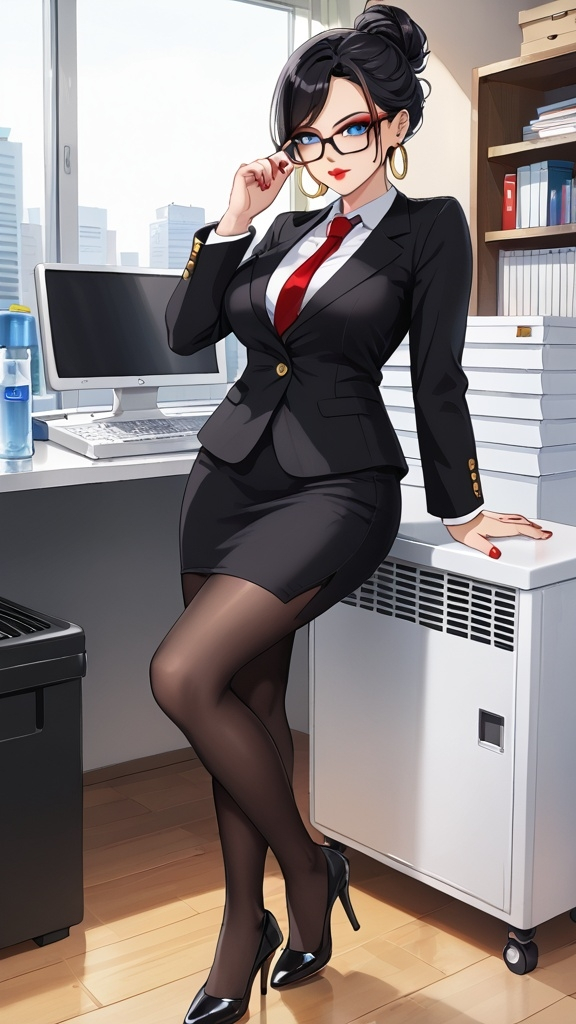 ai_generated black_hair curvy curvy_figure glasses high_heels office_lady pantyhose skirt solo_female suit_and_tie