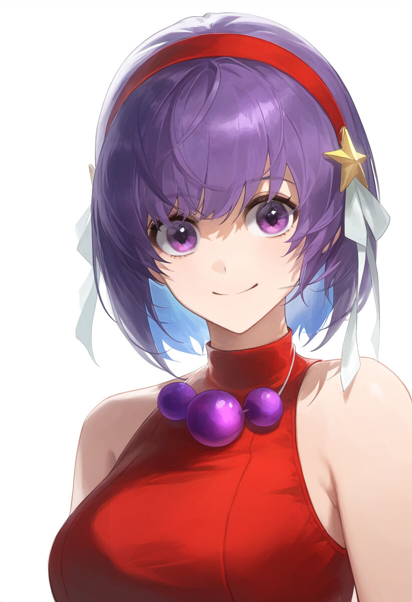 1girls athena_asamiya big_breasts big_breasts female hair_ornament king_of_fighters light-skinned_female light_skin looking_at_viewer necklace pale-skinned_female pale_skin purple_eyes purple_hair red_clothing short_hair smile star