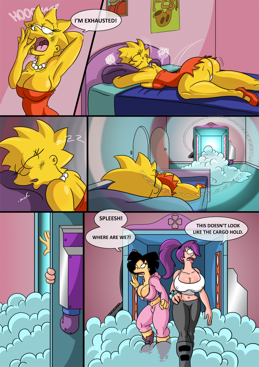 aged up, alien, alternate breast size, amy wong, breasts, comic, dialog, english text, female, full color, futurama, human, kogeikun, large breasts, lisa simpson, multiple females, text, the simpsons, the simpsons into the multiverse #1, turanga leela, yellow body