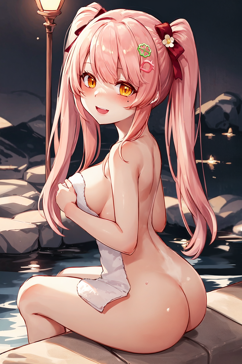 ai_assisted ai_generated hot_spring morino_merun nude_towel pink_hair towel virtual_youtuber vtuber 森野めるん