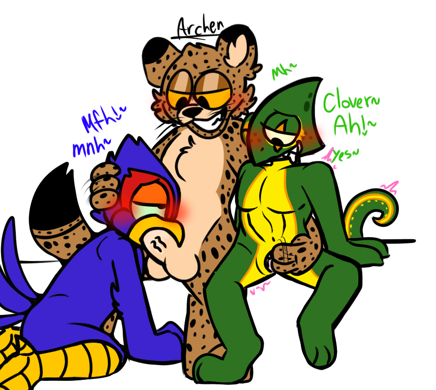 anthro anthropomorphic blue_feathers chameleon cheetah cock_sucking cuntboy dominant_anthro dominant_male falco_lombardi falcon green_scales intersex leon_powalski male_only oc rubbing_clitoris star_fox submissive_anthro submissive_male threesome