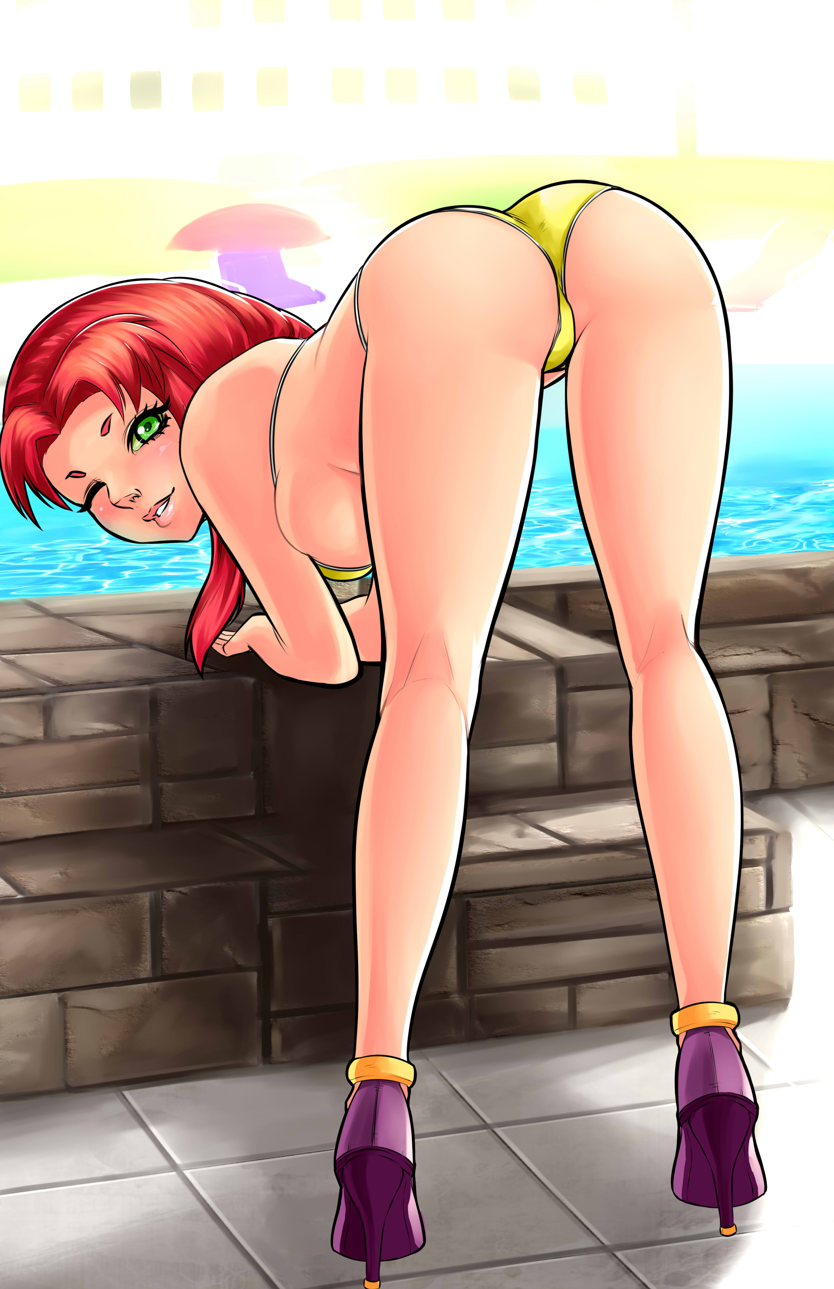 1girls, ass, back view, bikini, dc, dc comics, dixi-q, female, high heels, looking at viewer, presenting, sea, seaside, solo, starfire, swimsuit, teen titans, thighs, water