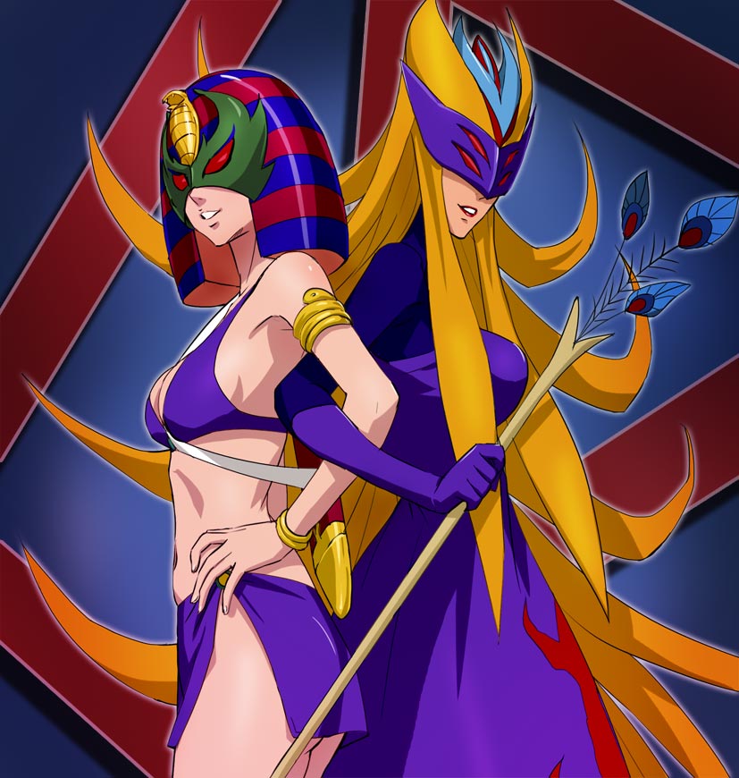 2014 2girls arm_garter bikini_top blocker_gundan_4_machine_blaster blonde_hair bracelet breasts egyptian hand_on_hip haruyama_kazunori hell_queen_v hell_sandra jewelry lips long_hair looking_at_viewer mask medium_breasts multiple_girls staff very_long_hair voice_actor_connection yanaga_kazuko