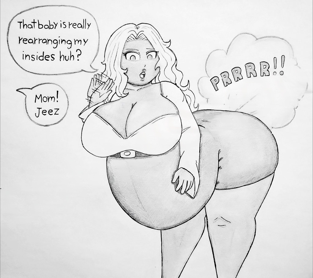 1girls big_belly big_breasts big_butt black_and_white bloated_belly cleavage clothed clothing colorless commission dark_skin dialogue edit fanning_self fart female female_only gassy gyaru long_hair milf monochrome pregnant ronic_lagann sketch text watermark_removed