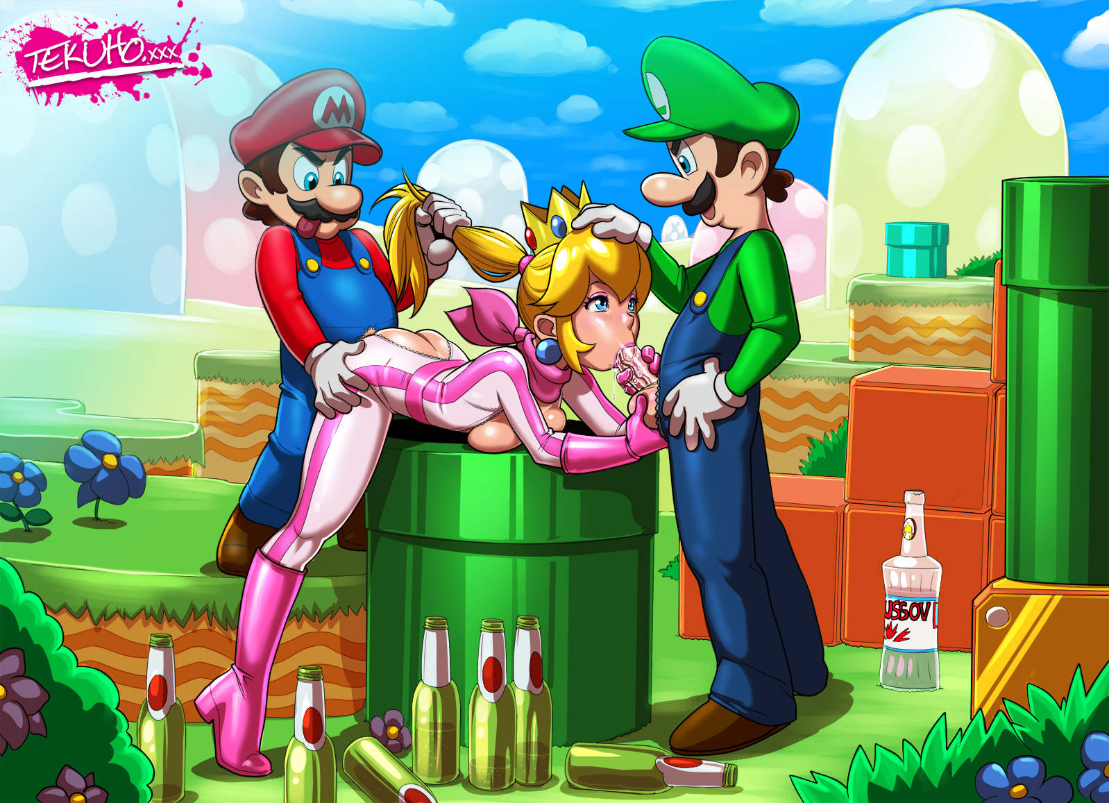 :>=, 1girls, 2boys, ass, beer, belt, blonde, blonde hair, blue eyes, bodysuit, boots, bottle, breasts, clothed, clothing, earring, fellatio, female, footwear, full body, gloves, hair pull, handwear, high heel boots, high heels, human, jumpsuit, luigi, male, mario, mario (series), mario kart, mmf threesome, multiple boys, multiple males, nintendo, oral, outdoors, pale skin, penis, pink boots, ponytail, ponytail hold, princess peach, pussy, sky, smaller male, spitroast, standing, straight, tekuho, threesome, tied hair, tight clothing, uncensored, vaginal, vaginal penetration