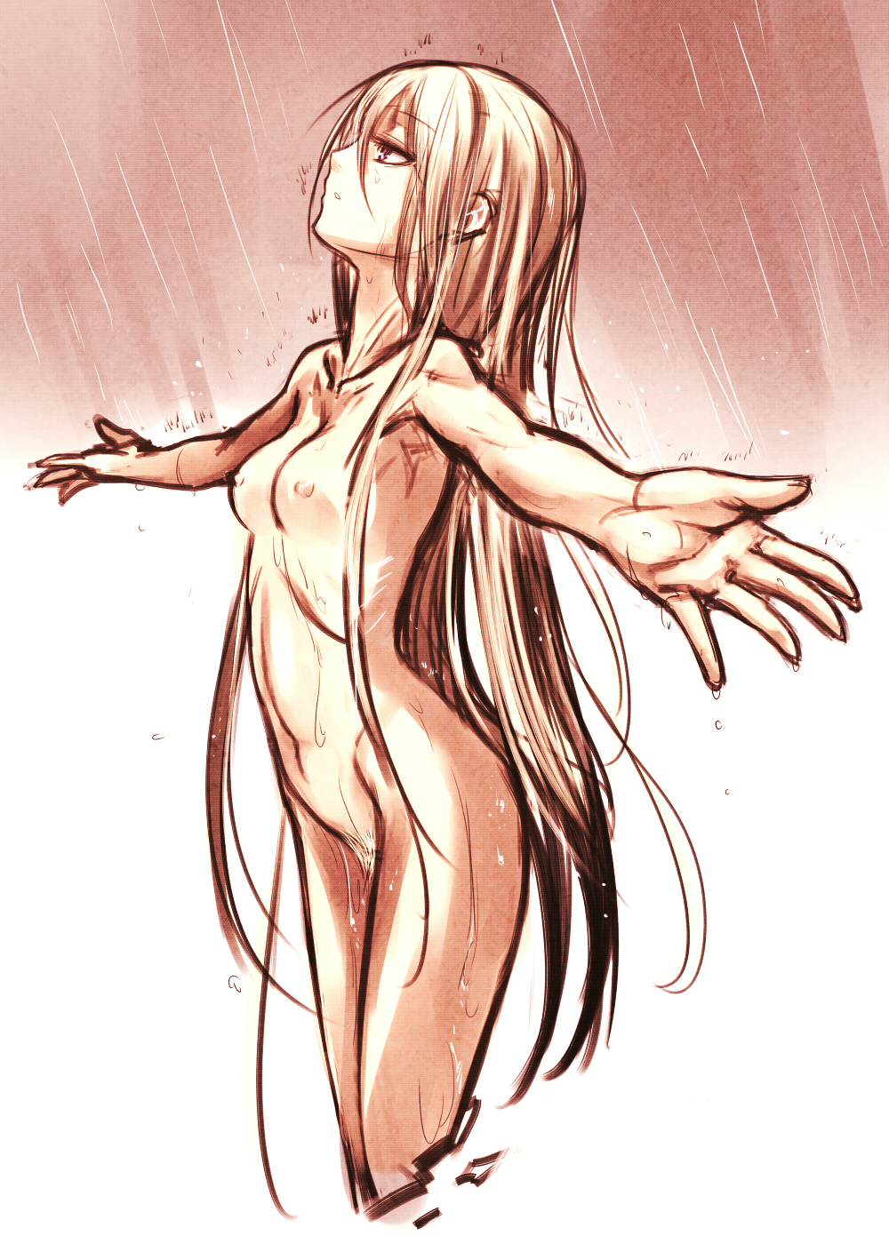 blonde_hair breasts female highres kotoba_noriaki long_hair nipples nude original outstretched_arms pubic_hair rain small_breasts solo spread_arms very_long_hair wet white_background