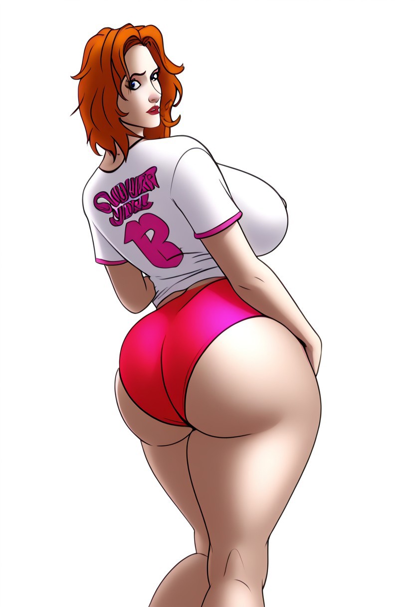 1girls anon big_ass bubble_butt bunanza_ cowboy_shot fat_ass hotpants hourglass_figure messy_hair pink_shorts red_hair short_hair solo t-shirt tagme