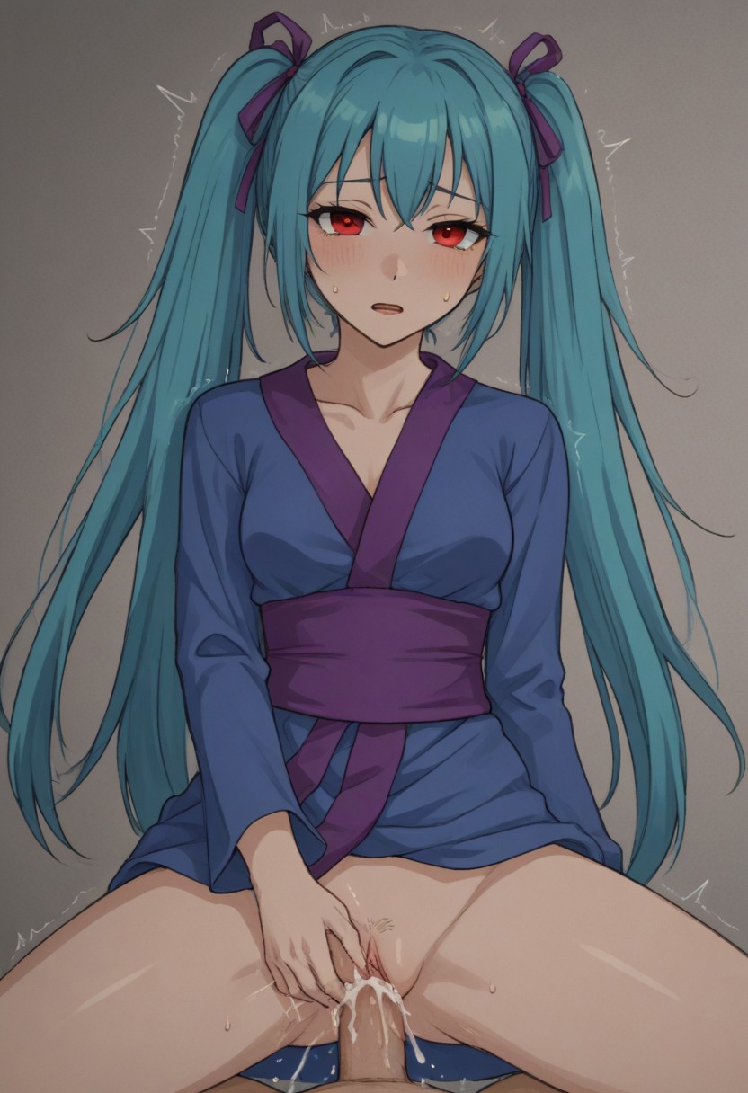 ai_generated blue_hair blue_kimono cum_in_pussy japanese_clothes masa_works_design oni_to_kitsune_no_hanashi pov pubic_hair purple_ribbons purple_sash red_eyes self_upload the_doll_(onibi_series) touching_pussy trembling twintails