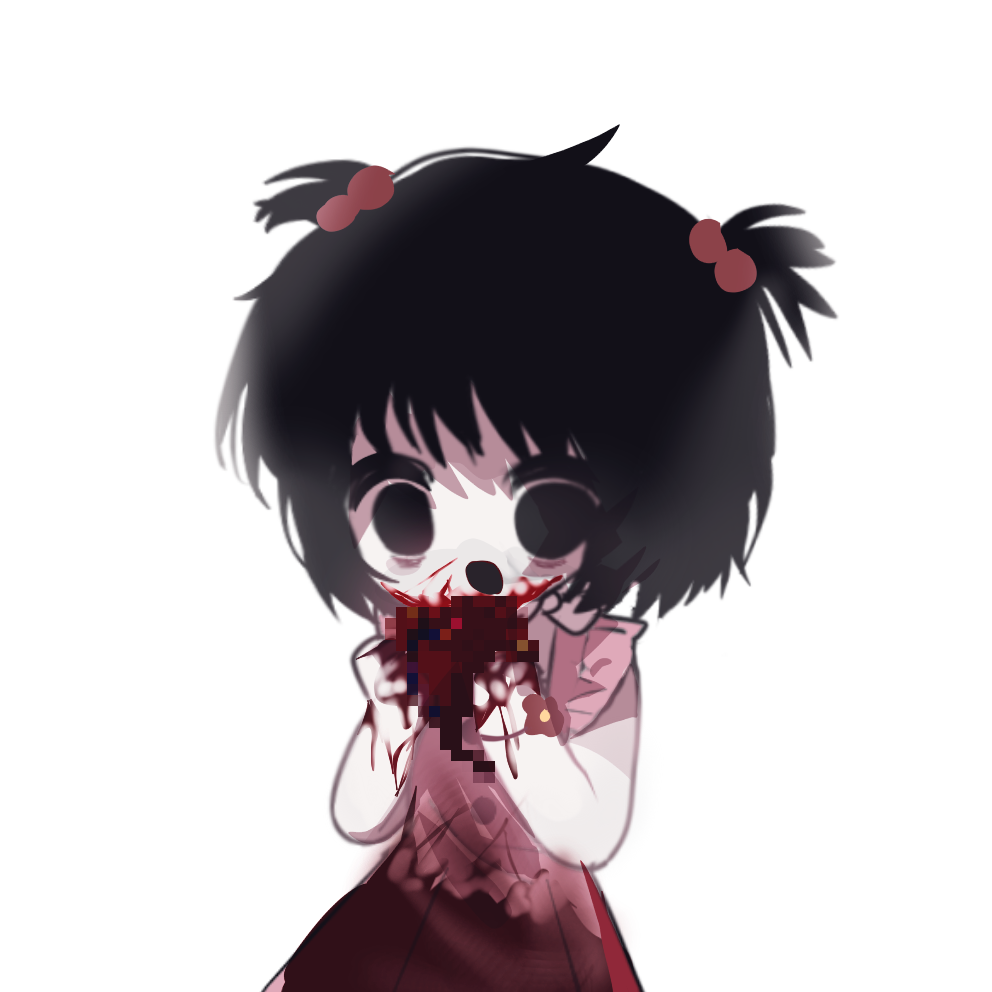 black_eyes black_hair blood blood_on_clothes blood_on_face censored chinese_commentary commentary_request cowboy_shot dress female gore hair_bobbles hair_ornament haokunhaokundeshuangren huai_huizhi implied_cannibalism mosaic_censoring open_mouth pink_dress short_hair short_twintails simple_background sleeveless sleeveless_dress smile solo touqi_guaitan twintails white_background