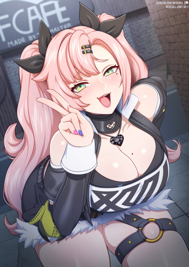 1girls clothed green_eyes huge_breasts long_hair neocoill nicole_demara open_mouth peace_sign pink_hair thick_thighs zenless_zone_zero