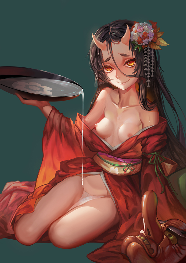 alcohol areolae black_hair blush breasts female flower hair_flower hair_ornament horns japanese_clothes kanzashi nipples oni open_clothes original pale_skin pouring pouring_on_self saber_01 sakazuki sake sitting small_breasts smile solo tengu_mask wakamezake